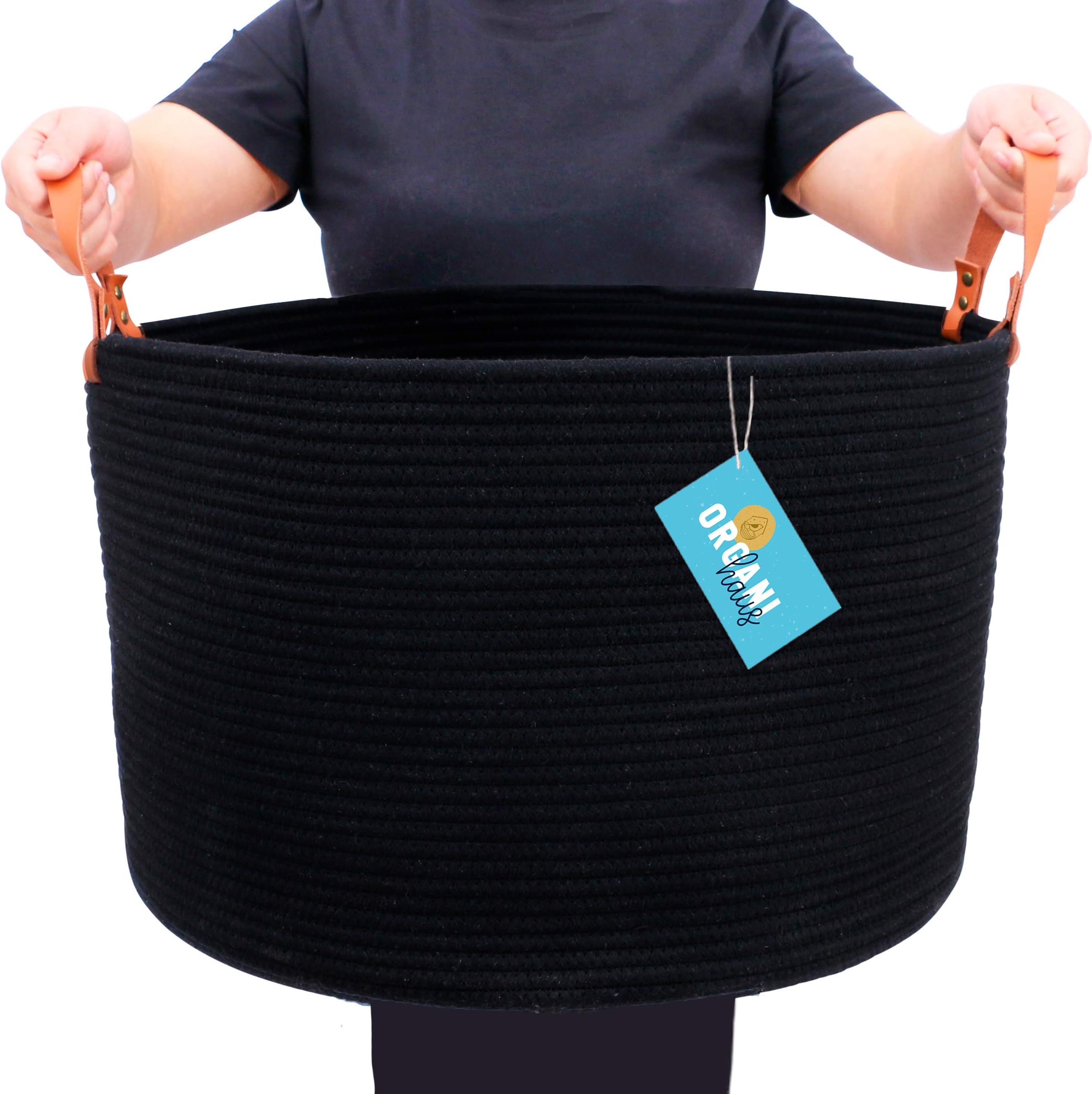 OrganiHaus Black Baskets for Organizing 20x13 | Large Blanket Basket for Living Room | Toy Storage Basket for Kids | Cotton Rope Basket w/Handles | Large Basket for Blankets | Large Storage Basket