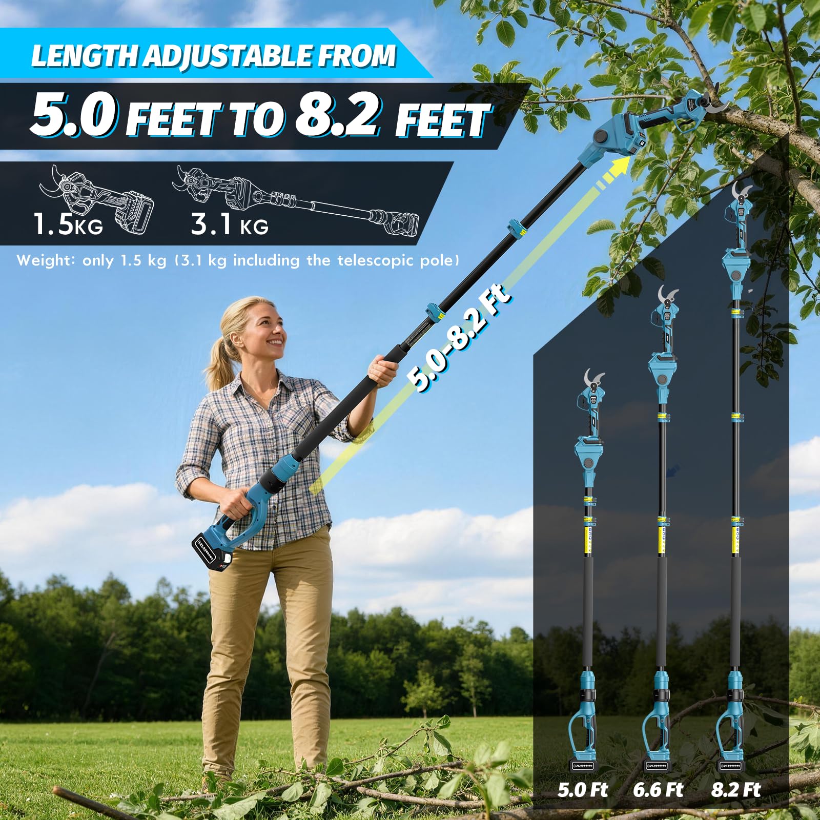 Akku Astschere Teleskop, Max Öffnung 55mm, 2-IN-1 Elektrisch Gartenschere mit 8.2 ft Teleskopstiel & 2 x 4000mAh Akkus, Bürstenloser Astschere mit LCD, Akku Schere für Baum Strauch Hecken