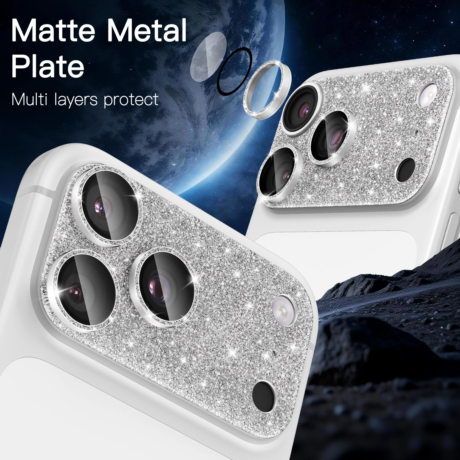 [2 Pack Bling Kamera Objektiv Bildschirmschutz für iPhone 17 Pro Max mit 9H gehärtetes Glas Luftfahrt Aluminium Platte Abdeckung Metallring, Nachtkreis, HD Klarheit-Glitter Silber