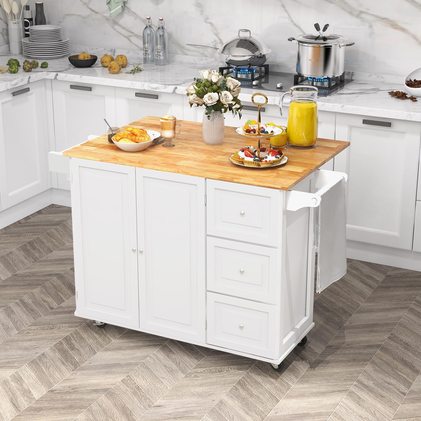 RELAX4LIFE Isola Cucina con Ruote Scorrevoli con Freni a Pedali, in Legno Verniciato con Armadietto e Cassetti Capienti,136 x 76 x 91 cm (BIANCO)