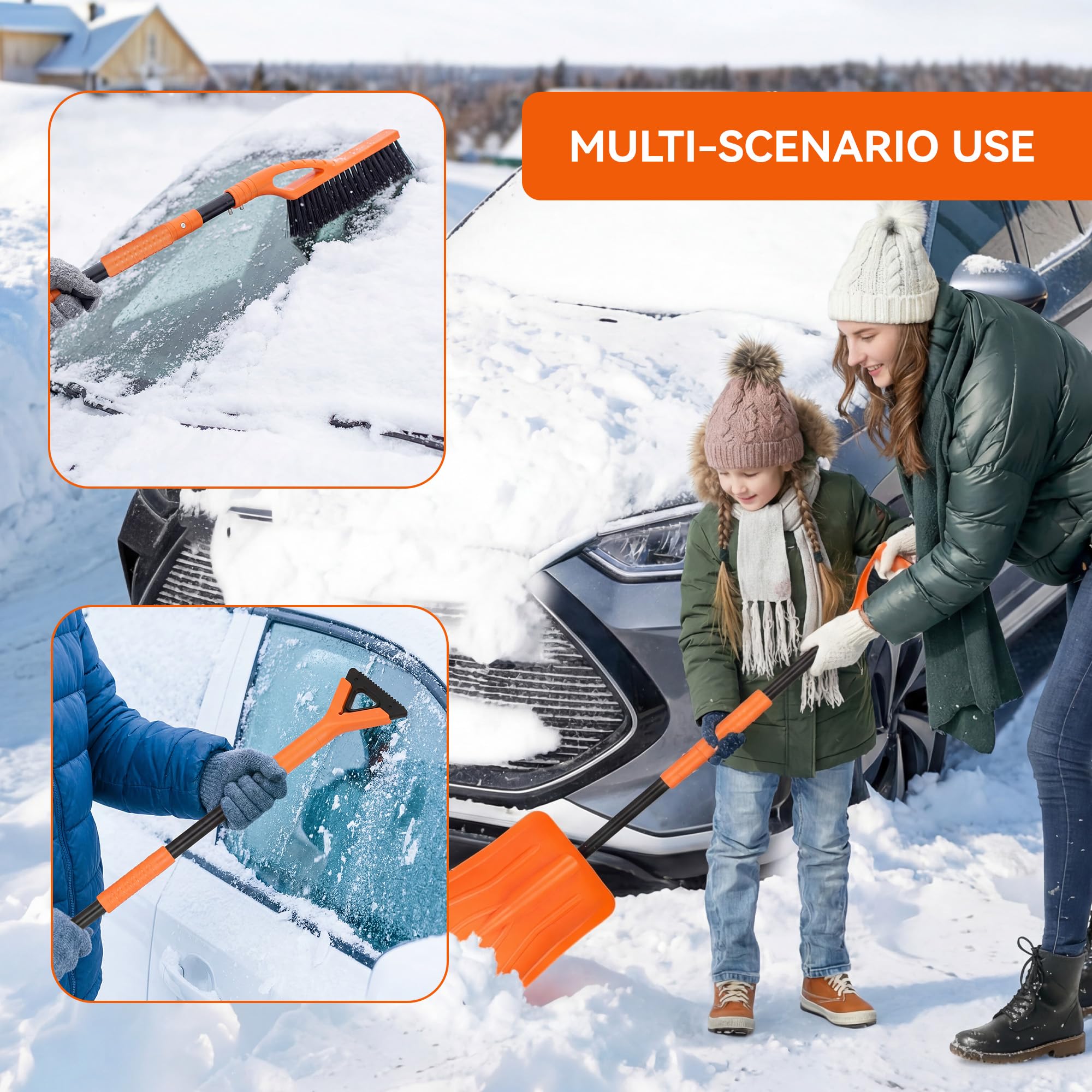 Kit de pala de nieve plegable 3 en 1, con cepillo de nieve y raspador de hielo, rascador de nieve de 127 cm con varilla telescópica, ideal para limpiar la nieve de calzadas, pavimentos, techos de — view 7