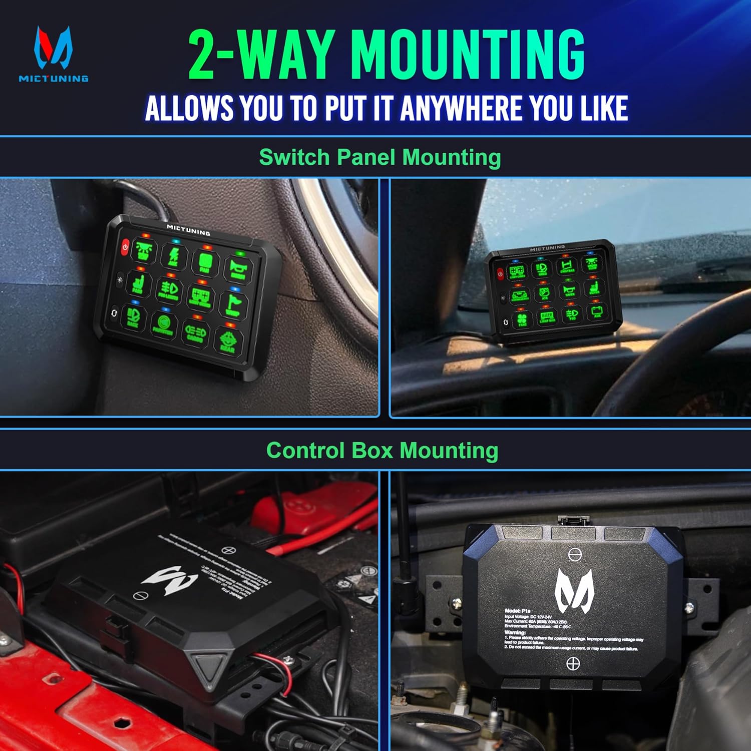 MICTUNING P1B 12 Gang Switch Panel, Multifunction Toggle Momentary Flash Strobe Pulsed with Backlight Off Toggle Switch Pod On Off Circuit Control Relay Box for Car Truck Off Road Marine, Green