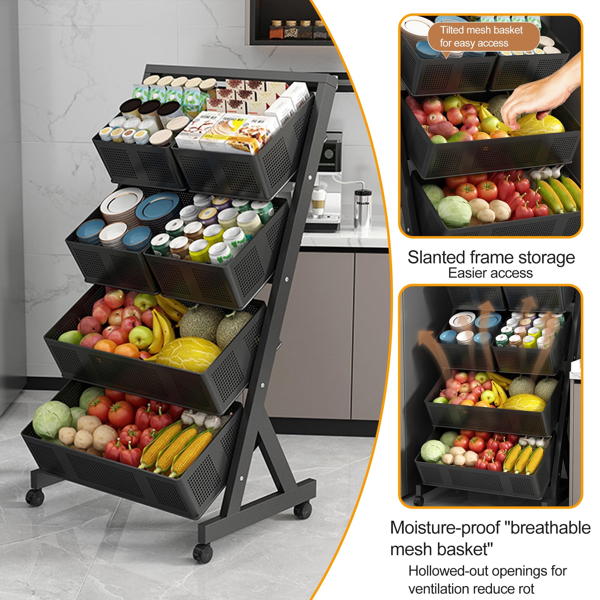 Estante Expositor de Dulces y Snacks de 3/4 Niveles, de pie, para Cocina, Organizador Angular para Patatas Fritas, Frutas, supermercado y despensa (Negro, 4 Niveles - 119 cm)