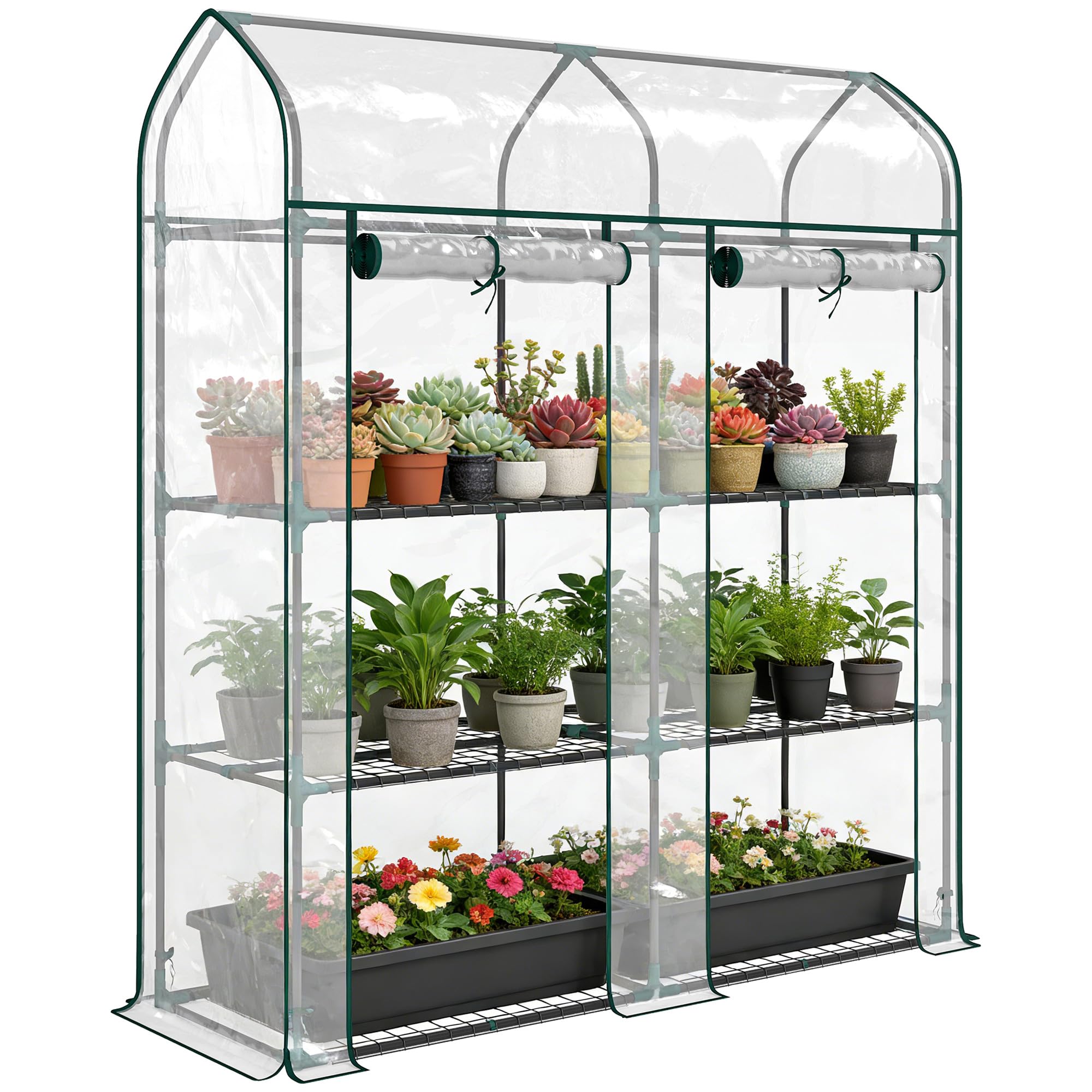 Outsunny Invernadero Pequeño de 3 Niveles 143x46x165 cm Transparente | Invernadero de Exterior, 2 Puertas Enrollables, Marco de Acero, Cubierta de Plástico Anti-UV, para Cultivar Plantas, Flores