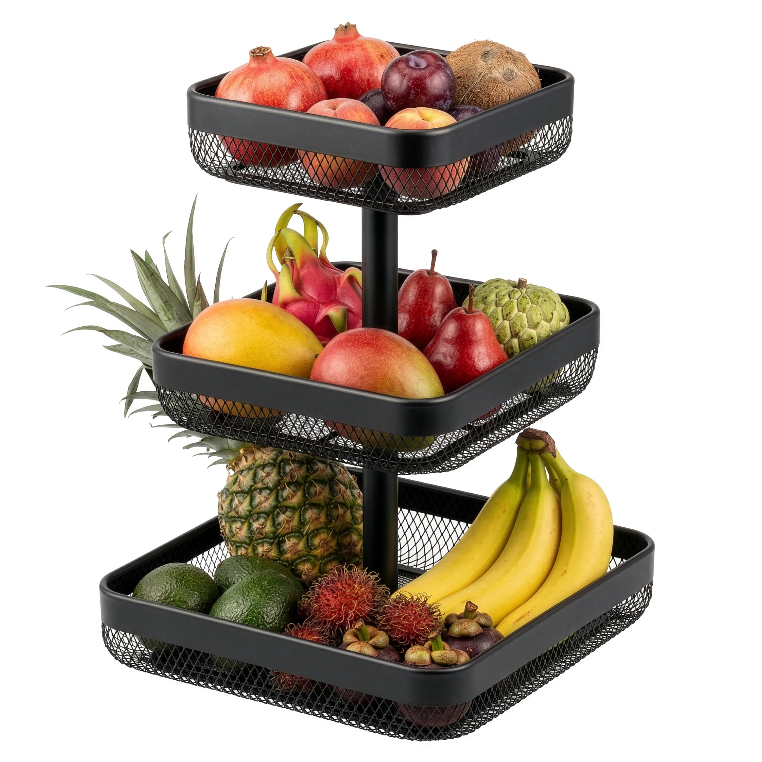 eluno étagère à fruits/corbeille à pain carrée à deux niveaux, 20 x 20 cm, 25 x 25 cm et 30 x 30 cm, corbeille à fruits, pour fruits, légumes, pain et en-cas dans la cuisine et le salon, en métal noir