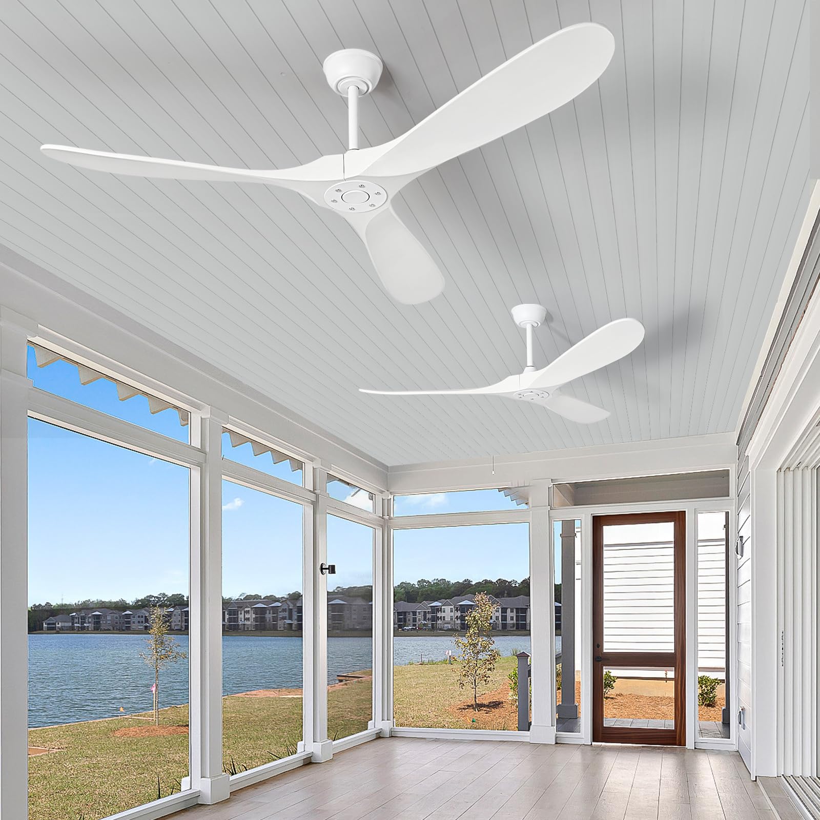 Ceiling Fans Without Light,60 Inch Outdoor Ceiling Fans no Light, 3 Blade Solid Wood Ceiling Fan with Remote Control for Patios Living Room Bedroom Porch. (White Blades + White Body, 60inch)