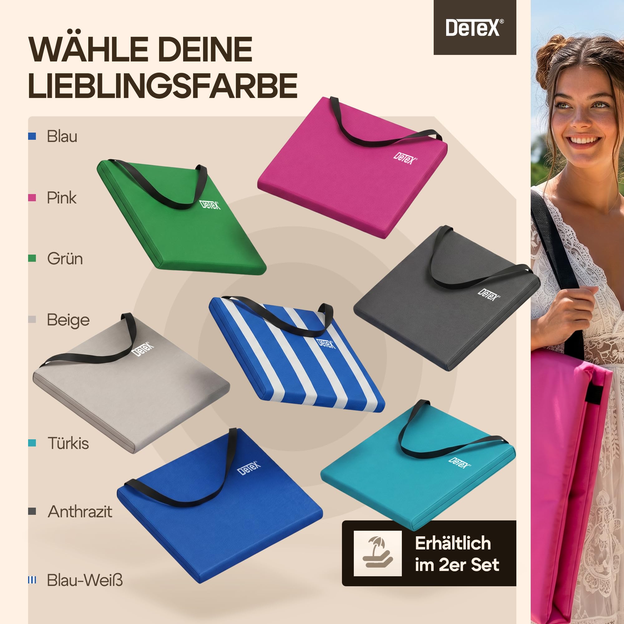 DETEX® 2er Set Strandliege Faltbar Leicht Strandmatte Gepolstert mit Rückenlehne Kissen Handyhülle Sonnenliege Klappbar 2 Personen Liegestuhl Blau