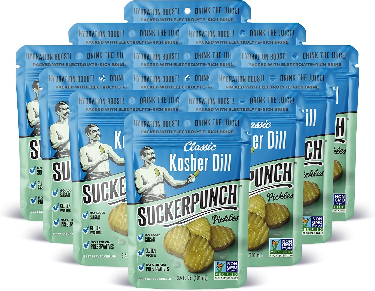 SuckerPunch Pickles in a Pouch, Classic Dill, 3.4oz, Low Calorie | Gluten Free, Sugar Free, Vegan, Keto, Low Calorie, Kosher, Ready to Eat, On-the-Go, Single Serve Pouches, Non GMO