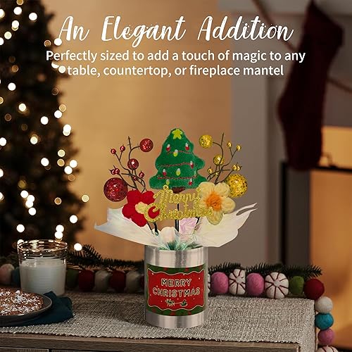 Miniatura 7 de Mini decoración de mesa navideña, árbol de Navidad hecho a mano y flores de ganchillo con base plateada, 8 pulgadas, pequeña decoración festiva para