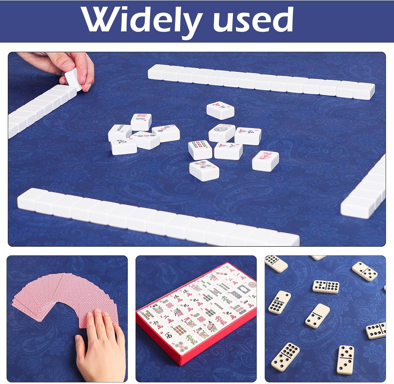 Mahjong Mat, Mahjong Table Mat with Prints & Extra Dice, for Poker, Card, Mahjong, Dominoes Games (Blue, 31.5 inches)