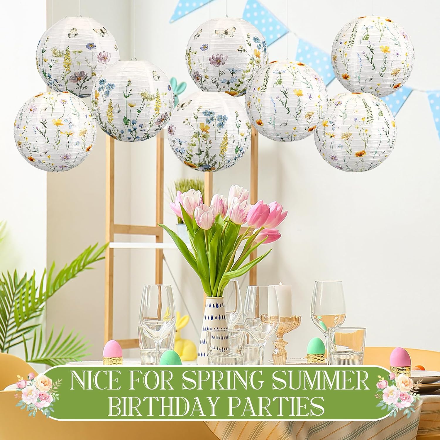 Baquler 8 Pcs Wildflower Paper Lanterns Party Decorations Watercolor Floral Hanging Lanterns 12 Inch 2 Styles for Summer Baby in Bloom Tea Baby Shower Bridal Shower Wedding Garden Birthday Party Decor