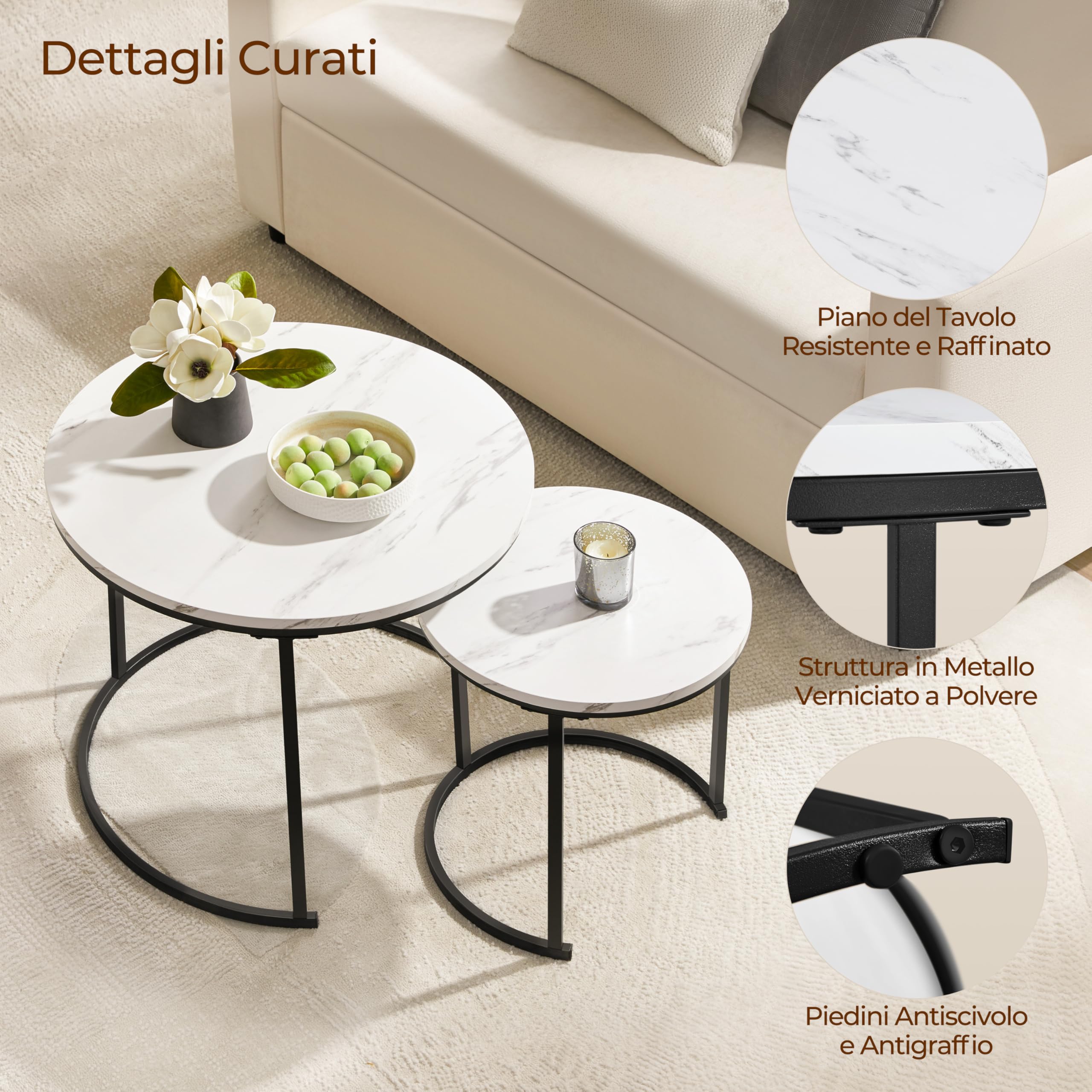 Yaheetech Set 2 Tavolini da Salotto Sovrapponibili Rotondi Design Moderno Tavolini da caffè Estraibili Mobile per Soggiorno Salotto, Bianco