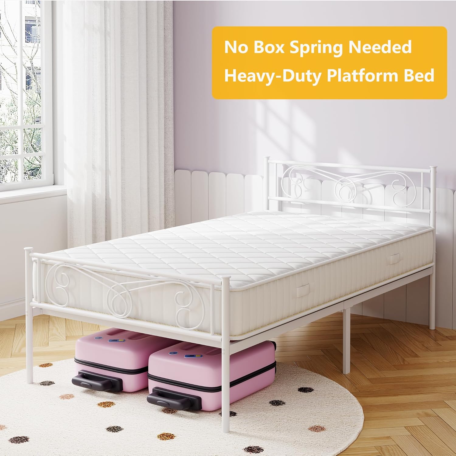 IDEALHOUSE Twin Size Metal Bed Frame, Twin Bed Frames with Headboard and Footboard, Metal Platform Bed Frame Steel Slats Support, No Box Spring Needed, Easy Assembly, White