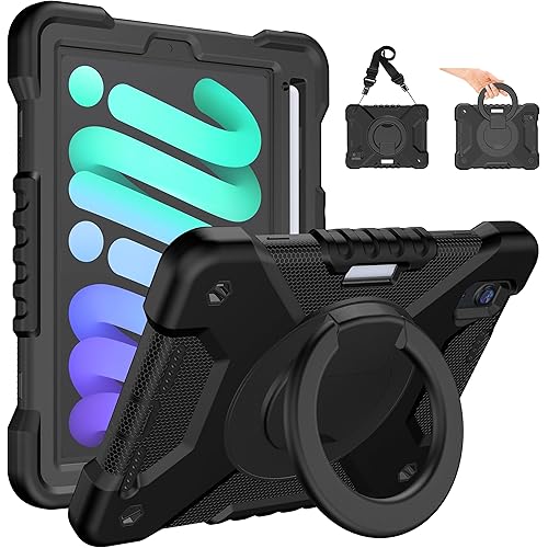 Case for 2024 iPad mini 7 A17 Pro/2021 Mini 6 8.3 Inch Case with Built-in Pencil Holder/360° Rotating Handle Stand, Drop-Proof Cover for iPad mini 7th/6th Generation 8.3", Black