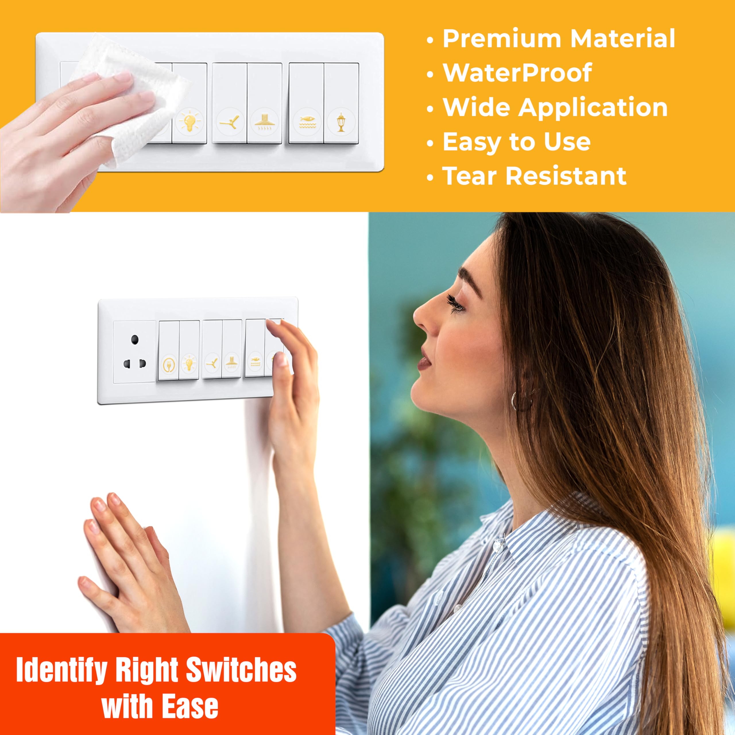Flybuyhub Gold Switch Stickers for Switch Board | Golden Embossed Pack of 330 Stickers for Home Including Fan, Light and Many More 4
