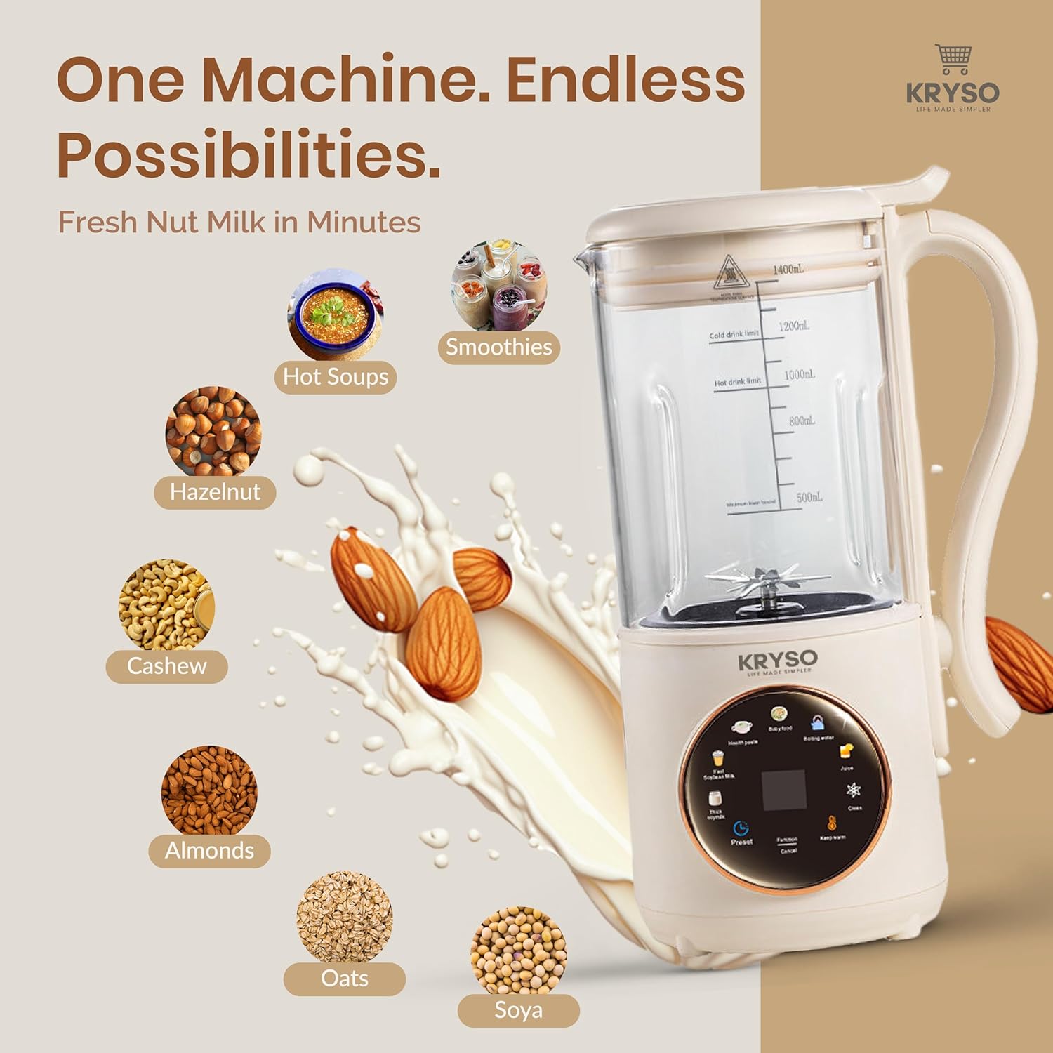 KRYSO Nut Milk Maker Machine 8-in-1, 𝟒𝟖𝐨𝐳 Borosilicate Glass Jar, Stainless Steel Blades, Large LED Touch Screen, Almond Oat Soy Coconut & Plant-Based Beverage Maker with Self-Cleaning Function