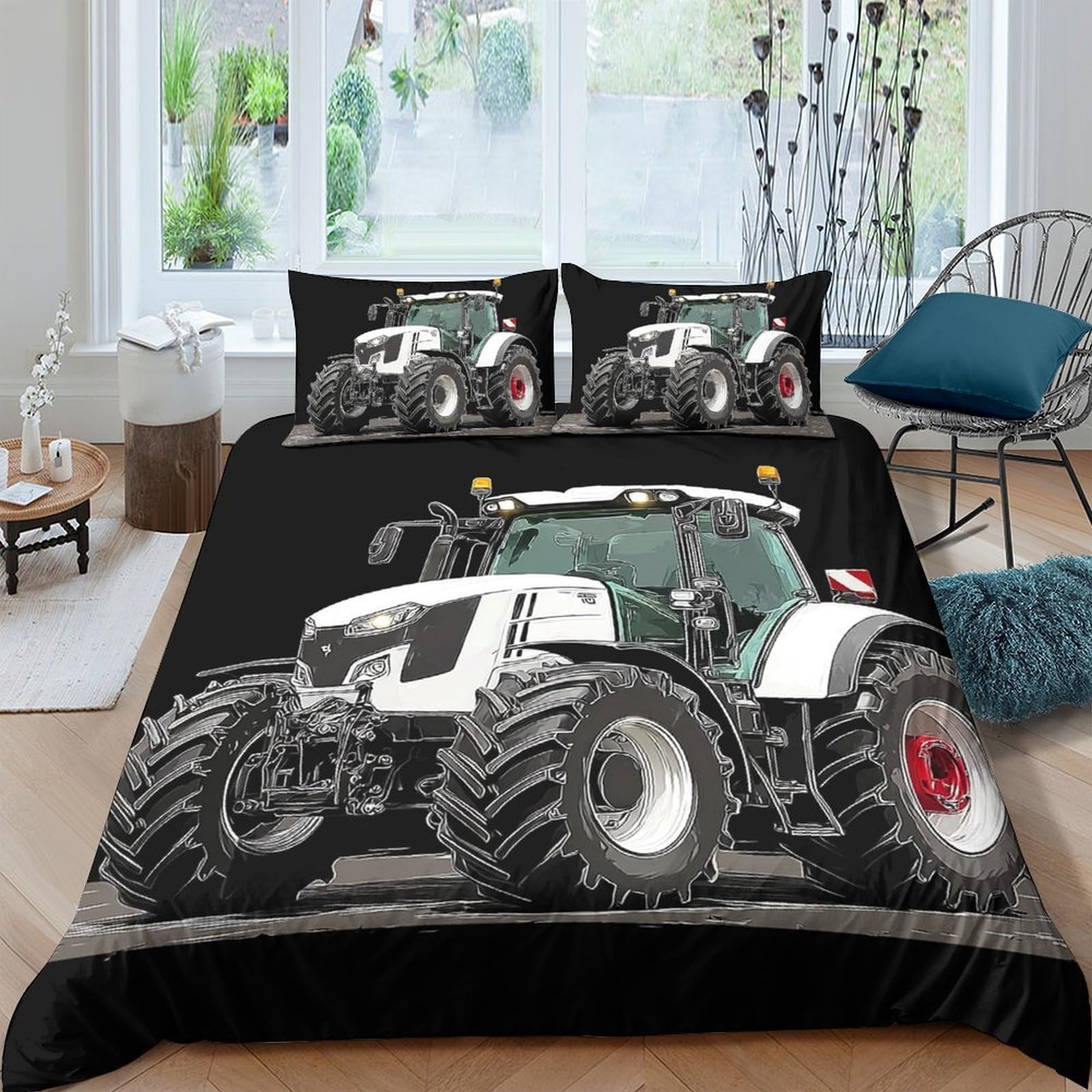 TUFRTGYHN 3D Printed Tractor Farm Duvet Cover Microfiber Soft Breathable Machinery Bedding Set with 2 Pillowcases for Bedroom Decor Single（135x200cm）