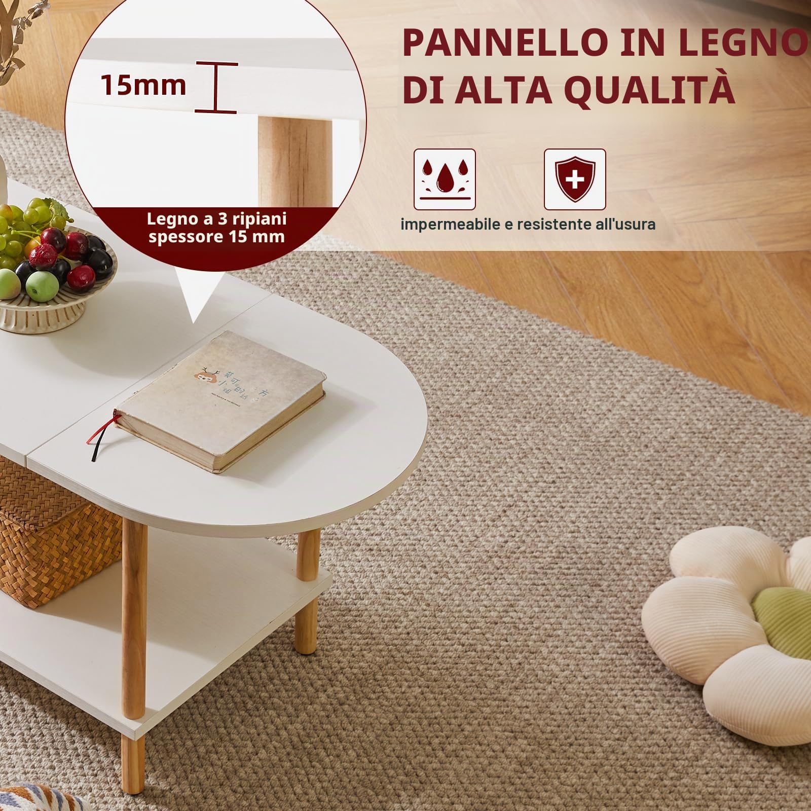 Aibiju Tavolino Ovale Bianco, Tavolino in Legno Piccolo per Piccoli Spazi, Design di Giuntura 35 * 16 * 17 Pollici, Tavolo Centrale a 2 livelli per Soggiorno Bianco YD-011W