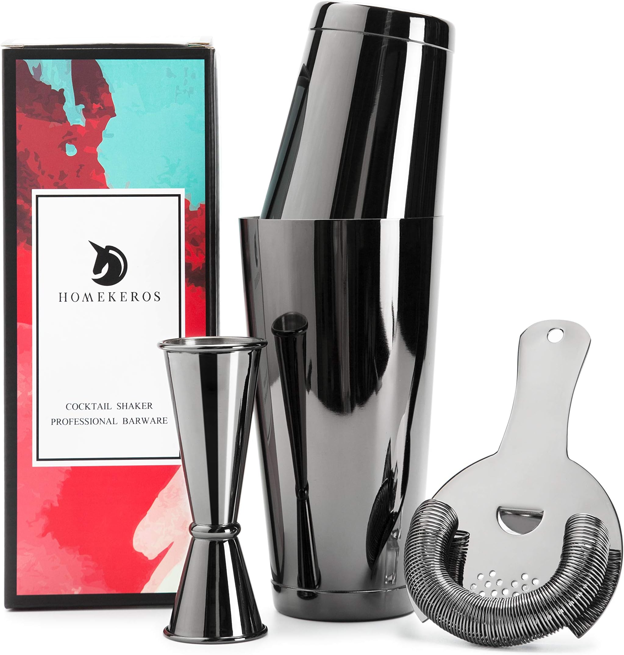 Black Boston Cocktail Shaker Bar Set: Professional Bartender Kit: 2 Weighted Martini Shaker Tins, Hawthorne Strainer and Japanese Jigger