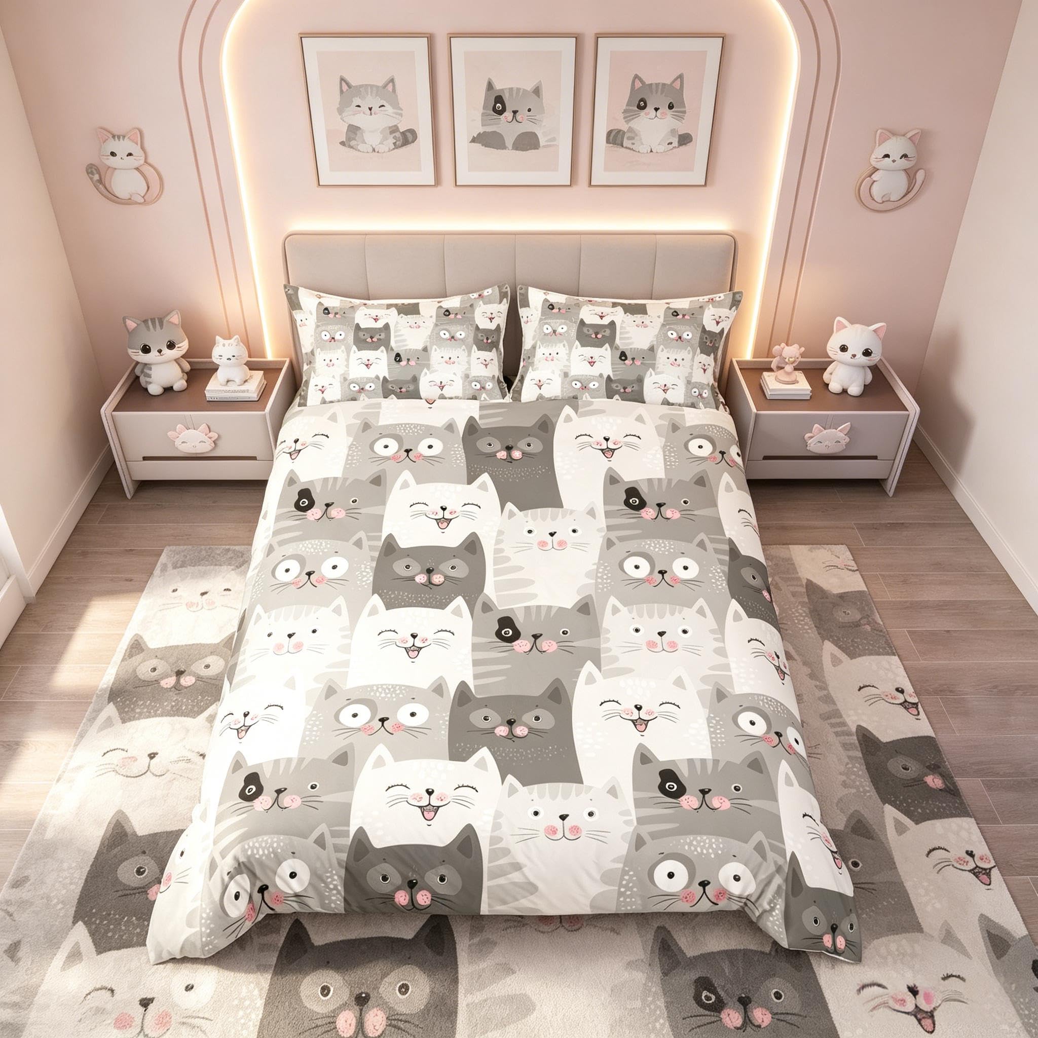 Loussiesd Cartoon Cat Duvet Cover for Little Girls Kids Bedroom Child Cute Animals Printed Comforter Cover Modern Fashion Pet Bedding Kitten Lovely Fat Face Quilt Cover Decor 2 Pcs Junior/Cot Bed