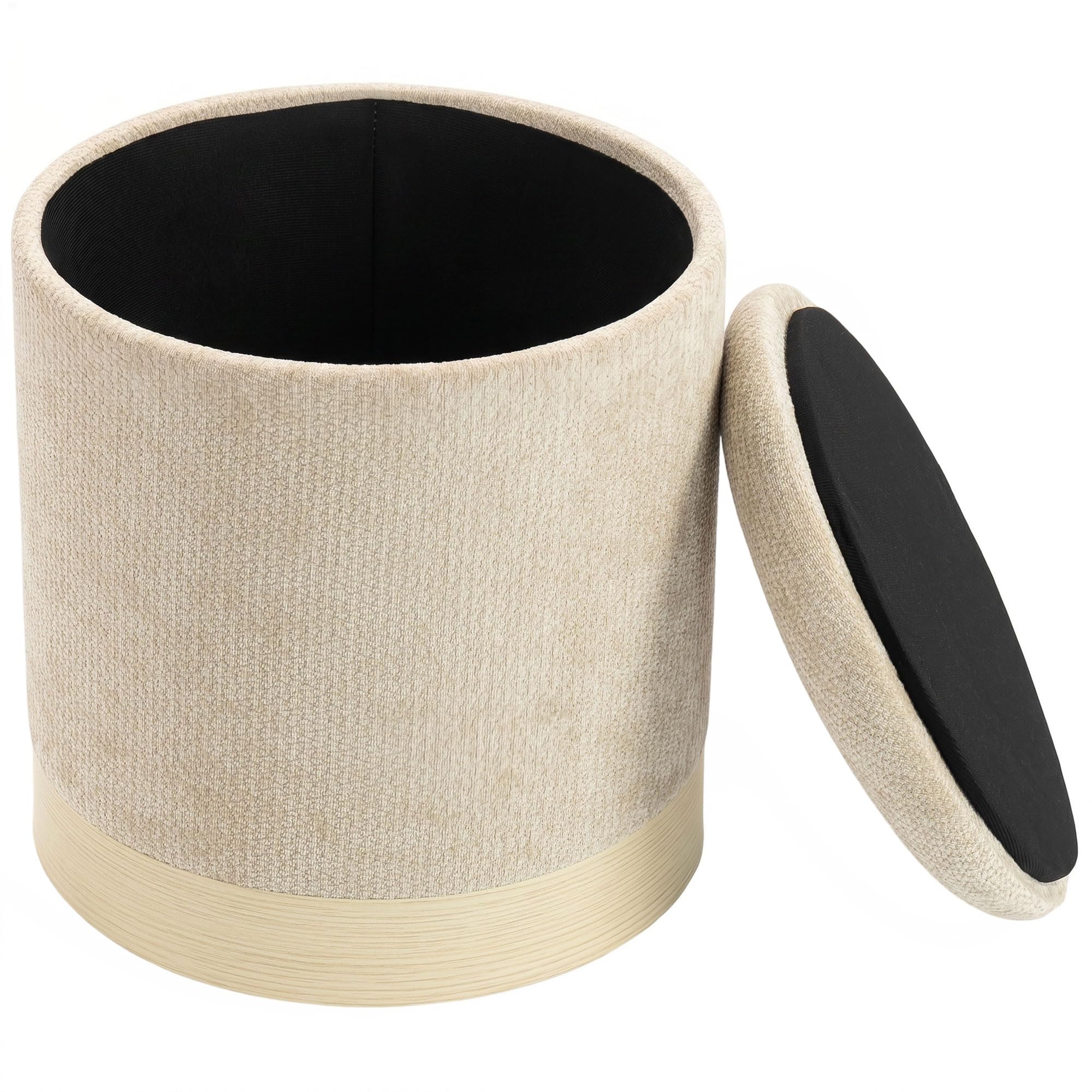 HOMCOM Pouf rotondo portaoggetti in ciniglia, Ø38x45 cm, beige | Pouf poggiapiedi, base in metallo effetto legno, per camera da letto, ingresso, soggiorno, portata 120 kg.