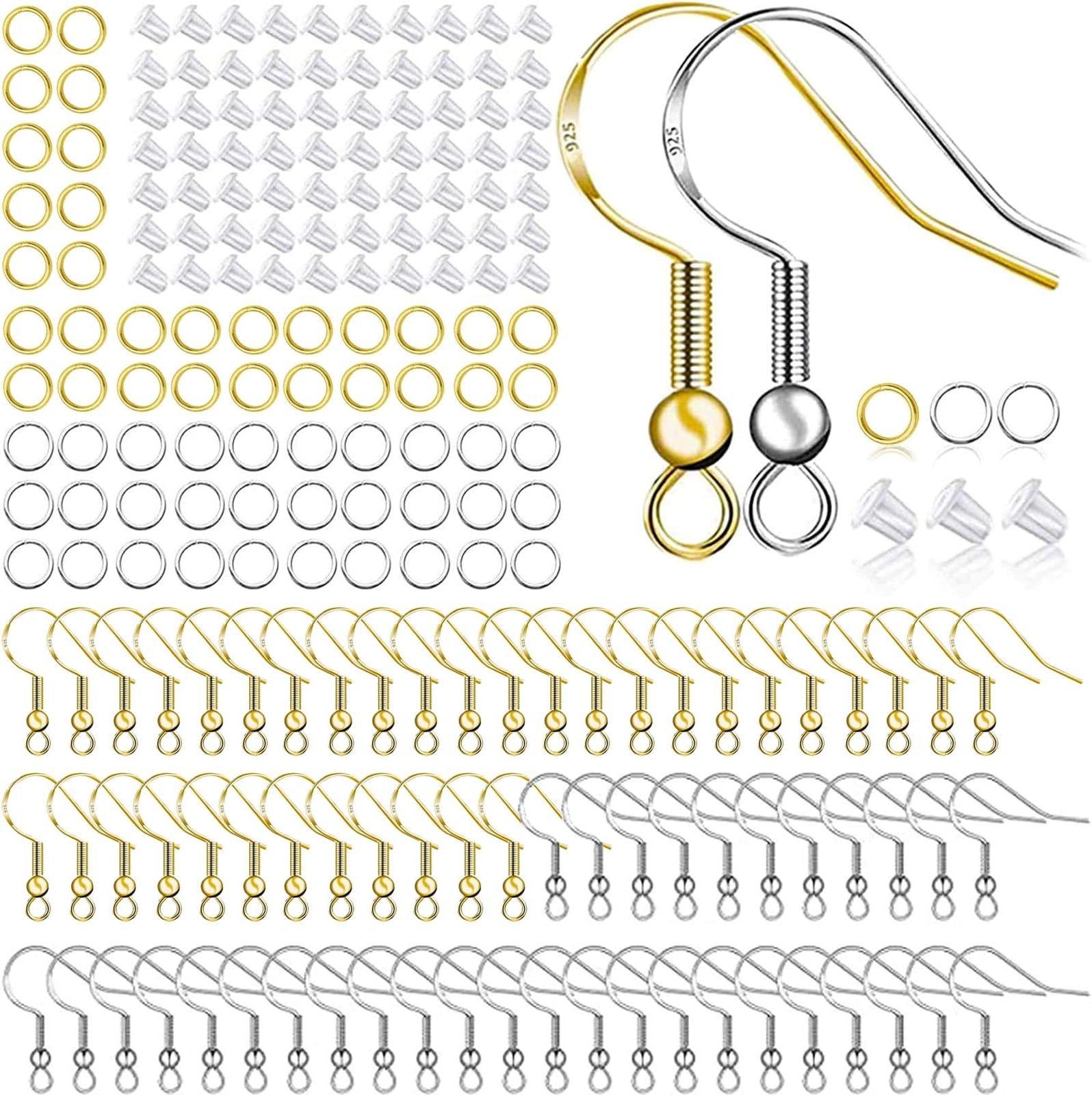 Hypoallergenic Earring Hooks 150 PCS/75 Pairs, Silver Plated Ear Wires Fish Hooks,500pcs Earring Making Kit with Jump Rings and Clear Silicone Earring Backs Stoppers for DIY Jewelry Making