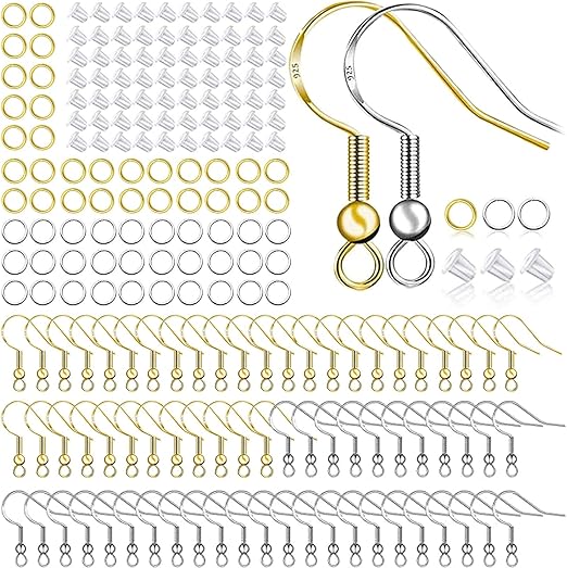 Hypoallergenic Earring Hooks 150 PCS/75 Pairs, Silver Plated Ear Wires Fish Hooks,500pcs Earring Making Kit with Jump Rings and Clear Silicone Earring Backs Stoppers for DIY Jewelry Making