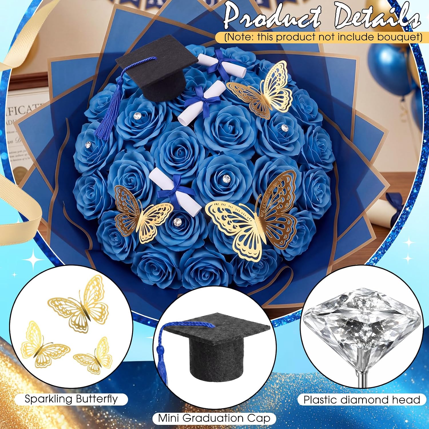 Gilprop 45 Pcs Graduation Flower Bouquet Kit Include 12 Butterfly Decorations 4 Mini Grad Cap 4 Certificate Scrolls Floral Tapes Wraps 25 Diamond 2026 Grad Party Decor Flower Bouquet Gift(Royal Blue)