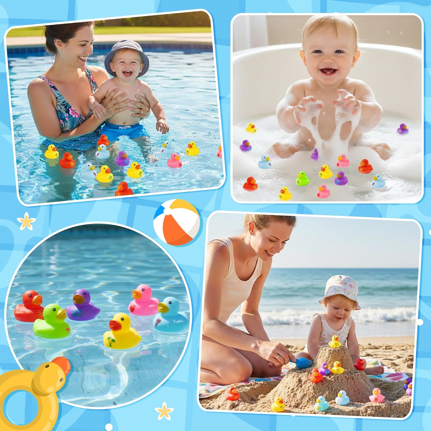 Haooryx Summer Mini Rubber Duck - 120Pcs Hello Summer Ducky Squeak Bathtub Float Bath Toy Novelty Squeak Duck for Kids Holiday Party Decor Classroom Reward Birthday Gift Baby Shower Party Favor Supply