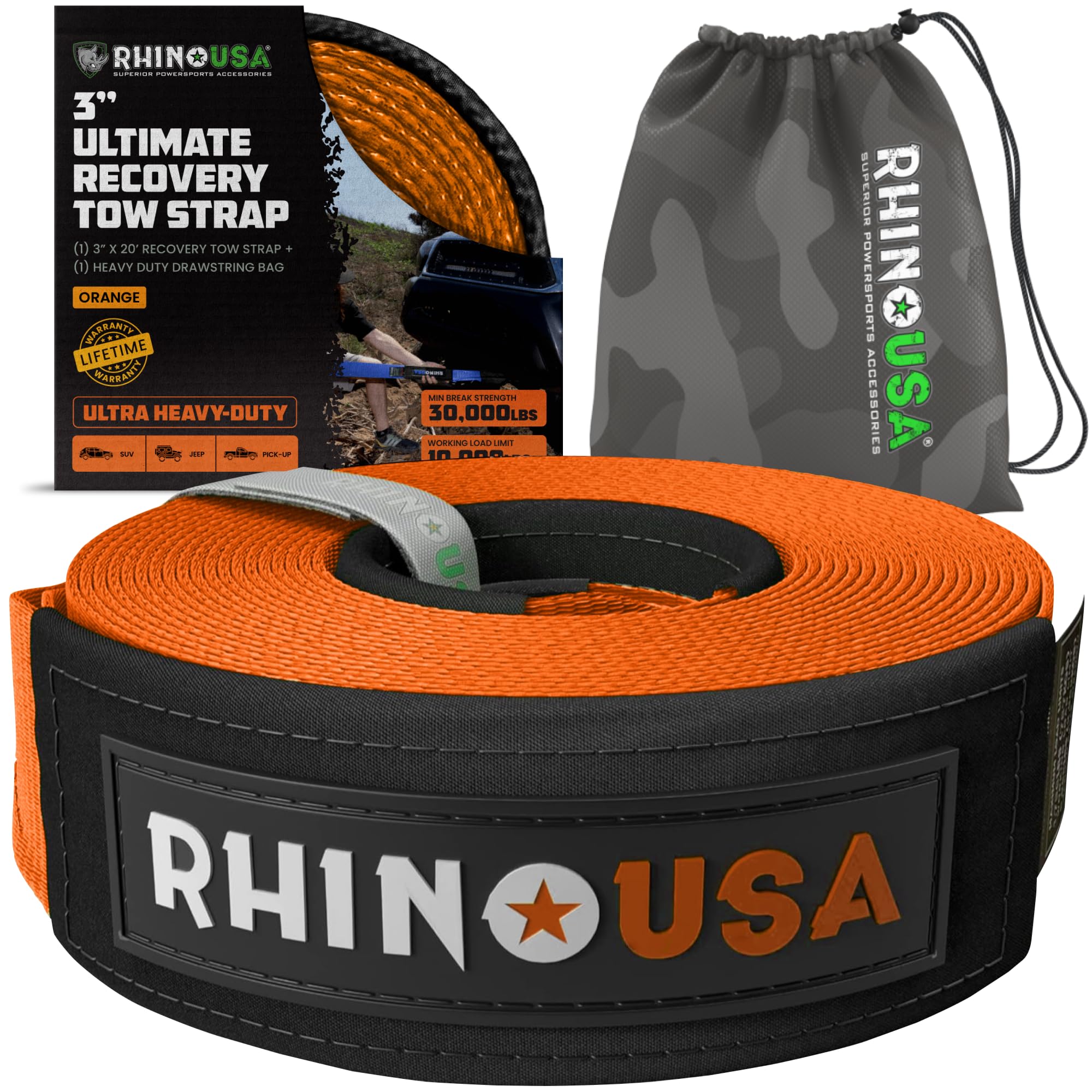 Rhino USA Recovery Tow Strap (3"x20')- 31,518lb Break Strength- Emergency Recovery Strap Tow Rope for Truck, UTV, ATV & More- Heavy Duty Towing Strap for Offroad 4x4 Use- Compatible with Jeep (Orange)