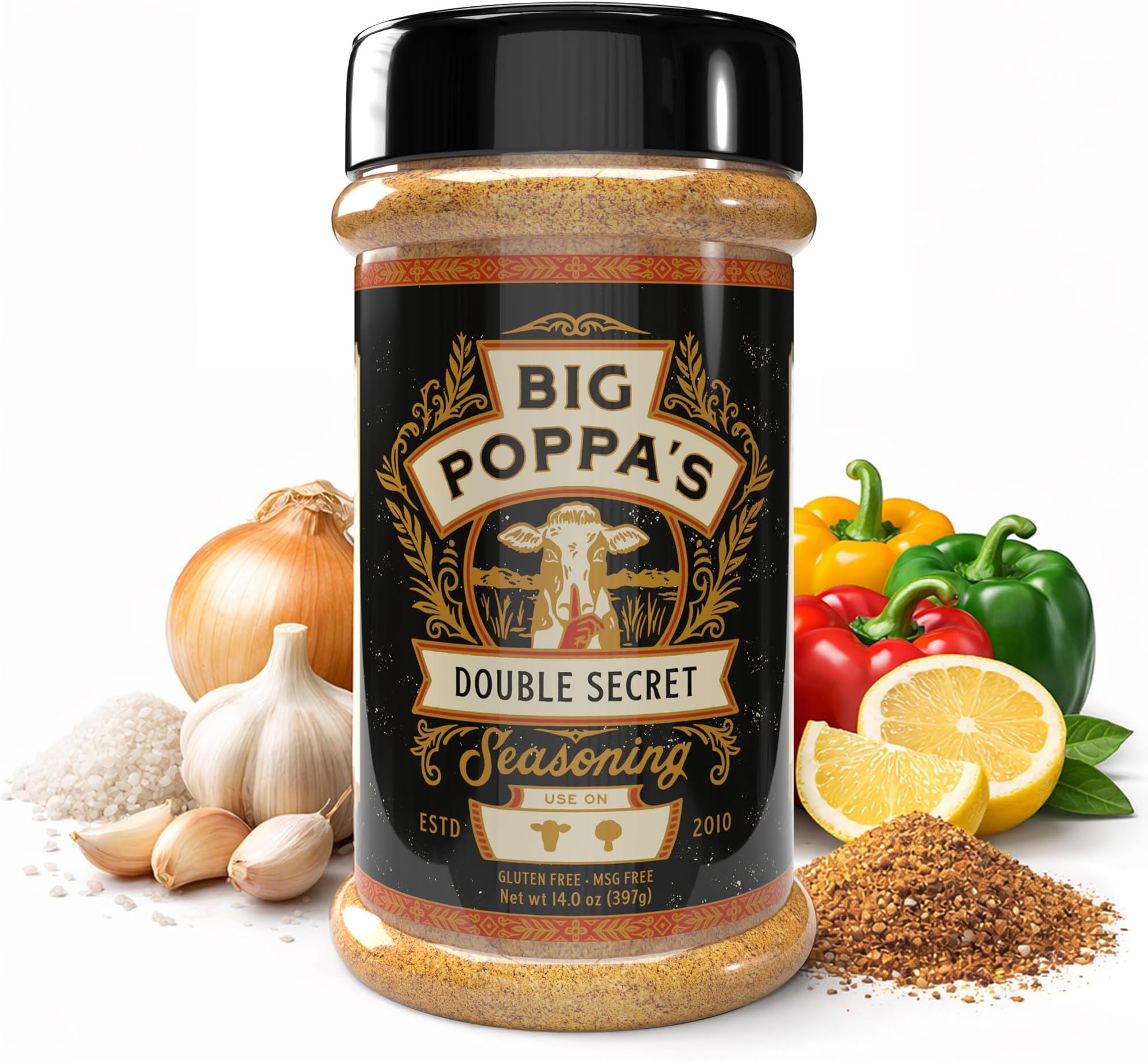 Big Poppa’s Double Secret Steak Seasoning – Prize-Winning Steak Rub with Fine Sea Salt, Garlic Powder & Lemon Salt – Gluten-Free BBQ Spice Blend for Beef, Tenderloin, Sirloin & More (14 Oz)