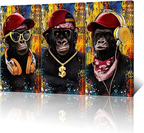 Biuteawal Arte de pared de mono, divertido y genial gorila de animales, impresiones en lienzo con gafas de música, pintura de chimpancé, enmarcado,