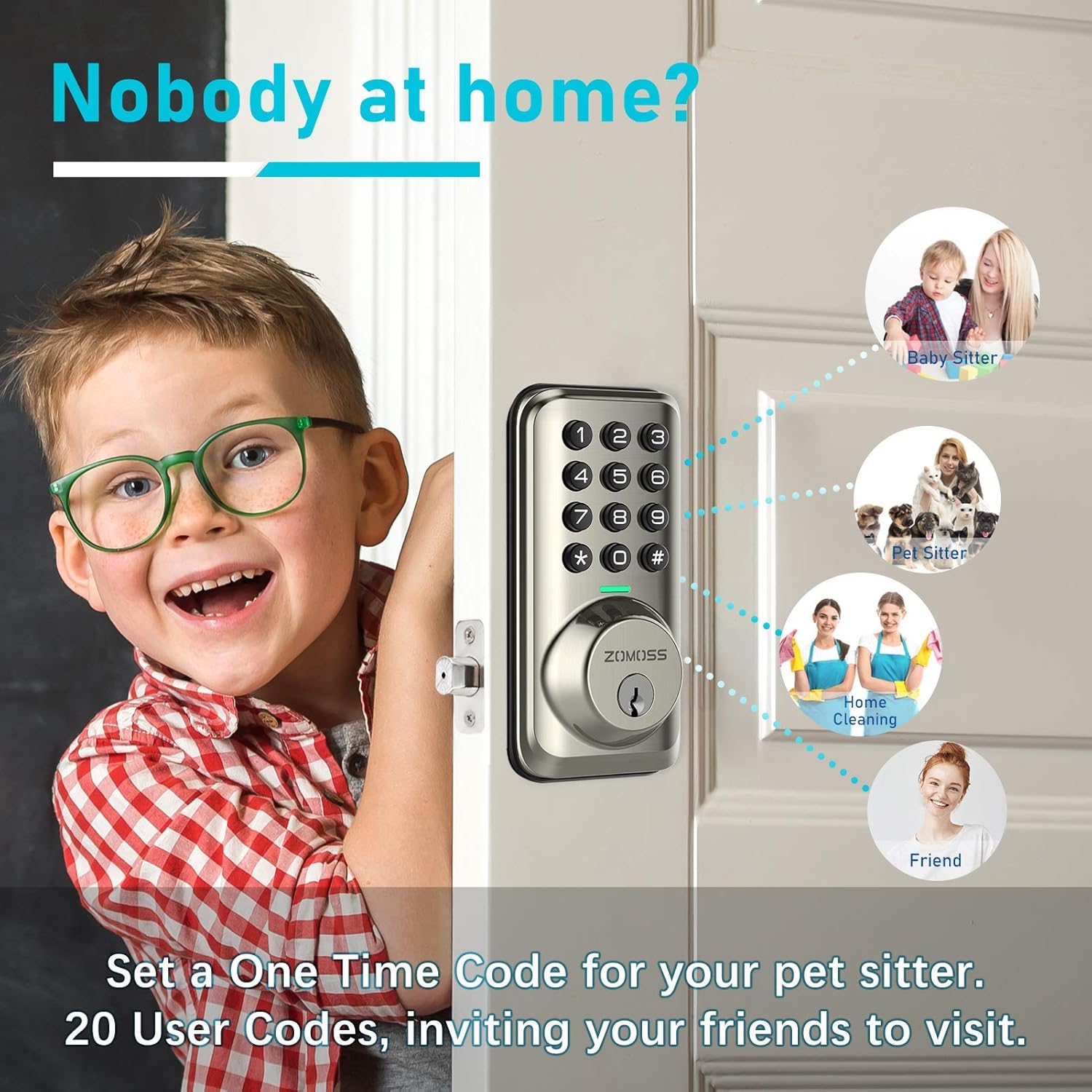 Image showing a child next to a door with the Zomoss lock, illustrating multiple user codes for different people.