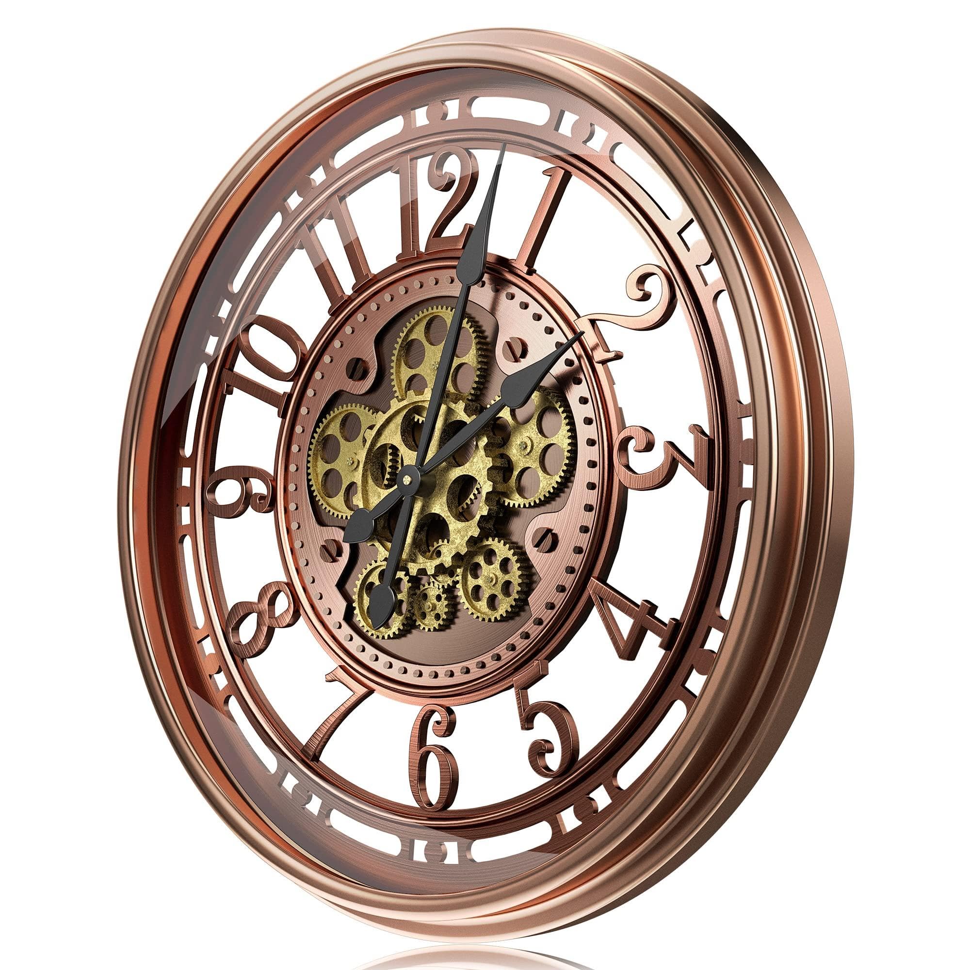 Reloj de pared grande de 53 cm con engranaje móvil, vintage, retro, industrial, metal, números romanos para habitaciones, hogar, cocina, dormitorio, oficina, escuela (rojo retro)