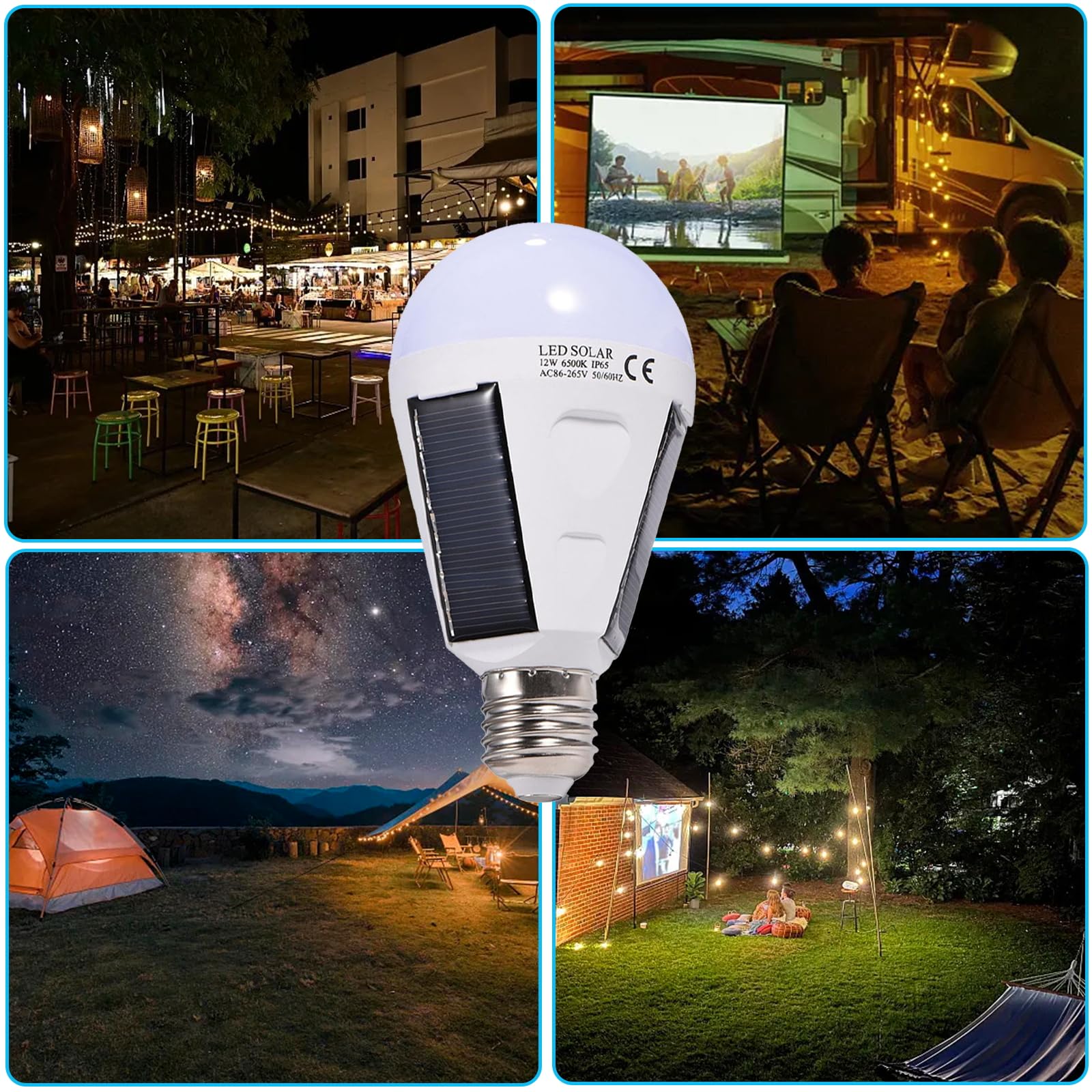 OUKENS Bombilla LED solar, E27 Panel solar portátil Bombilla LED IP65 Impermeable Interior/exterior Senderismo Camping Lámpara de emergencia recargable(12W)