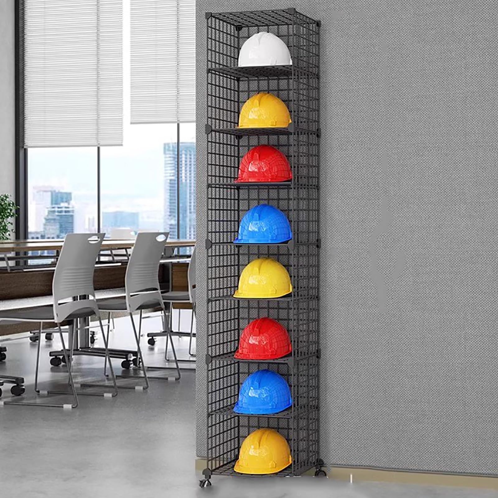 Caja de almacenamiento ajustable apilable para casco de seguridad con ruedas, estante de exhibición móvil para cascos duros, estante de venta al por menor sin taladros para una colocación organizada