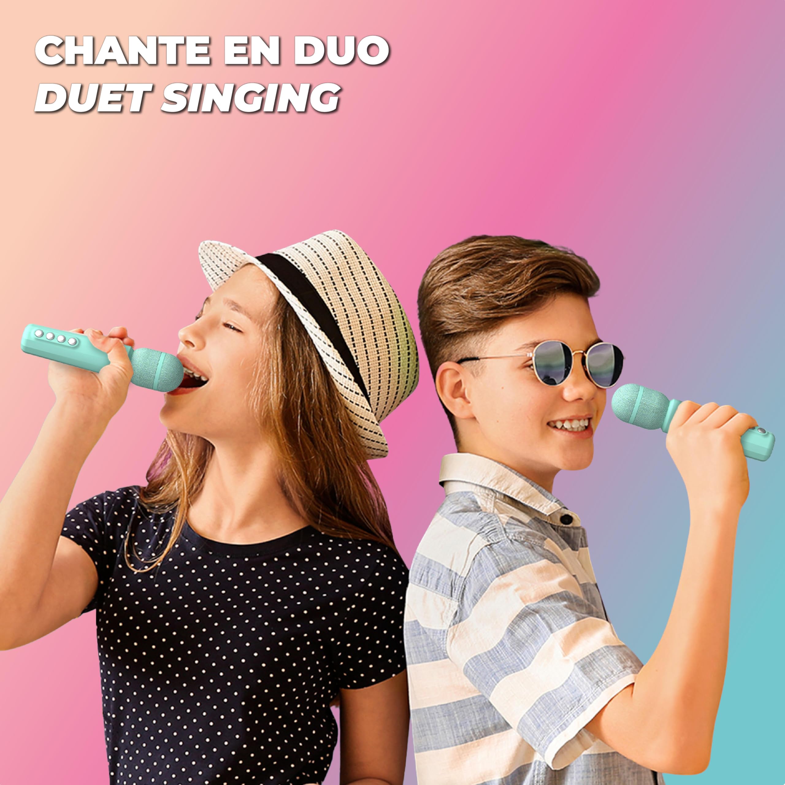 Mob - Singy Party Enceinte Karaoké Portable pour Enfant et Adulte - Projecteur Disco, 2 Micros sans Fil pour Chanter en Duo, Rechargeable USB-C, Carte SD - Idée Cadeau (Menthe)