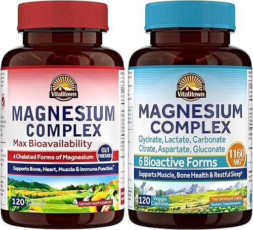 Vitalitown Paquete de magnesio (paquete de 2) Complejo de magnesio 4 en 1 y 6 en 1 para huesos y músculos glicinato de magnesio, citrato de