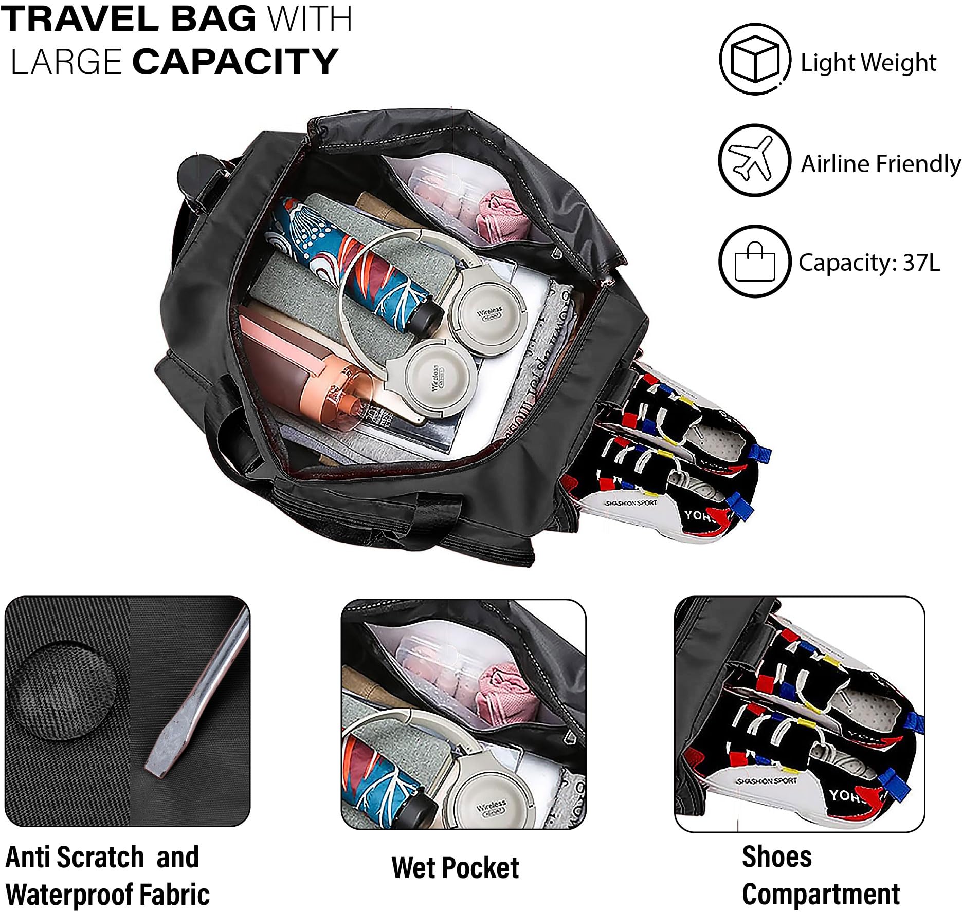 CarryFitness® Sports Gym Bag Duffle Bag with Shoes Compartment, Waterproof Weekend Bags for Women and Men Hand Luggage Bag - Image 3