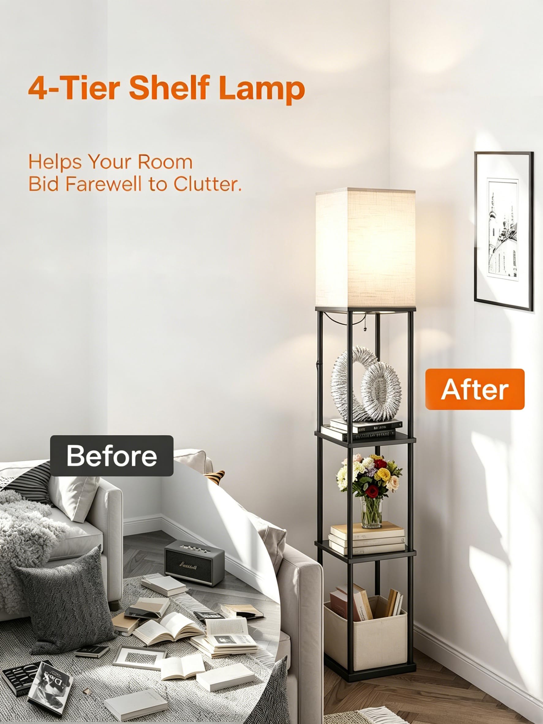 Aimosen Stehlampe mit Regal aus Holz & Metall, LED Stehleuchte mit 3 Farbtemperaturen, 3-stufiges Ablage-Regal, 9W E27 LED, moderne Stehlampe für Wohnzimmer Schlafzimmer Büro, Schwarz