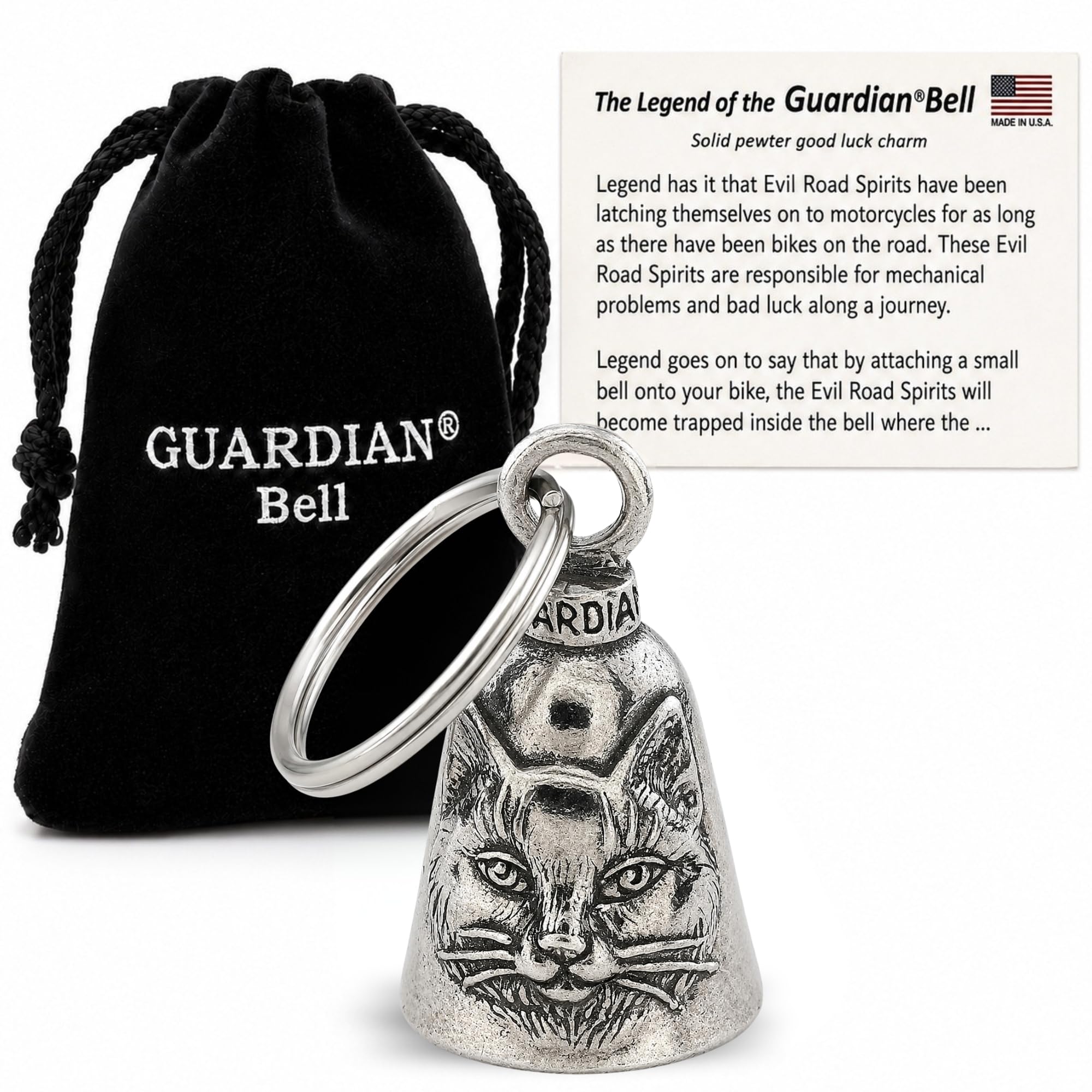 Guardian Bell Cat Good Luck Bell w/Keyring &amp; Black Velvet Gift Bag | Motorcycle Bell | Lead-Free Pewter | Good Luck Gift to Friends &amp; Family | Bike Bell | Made in USA