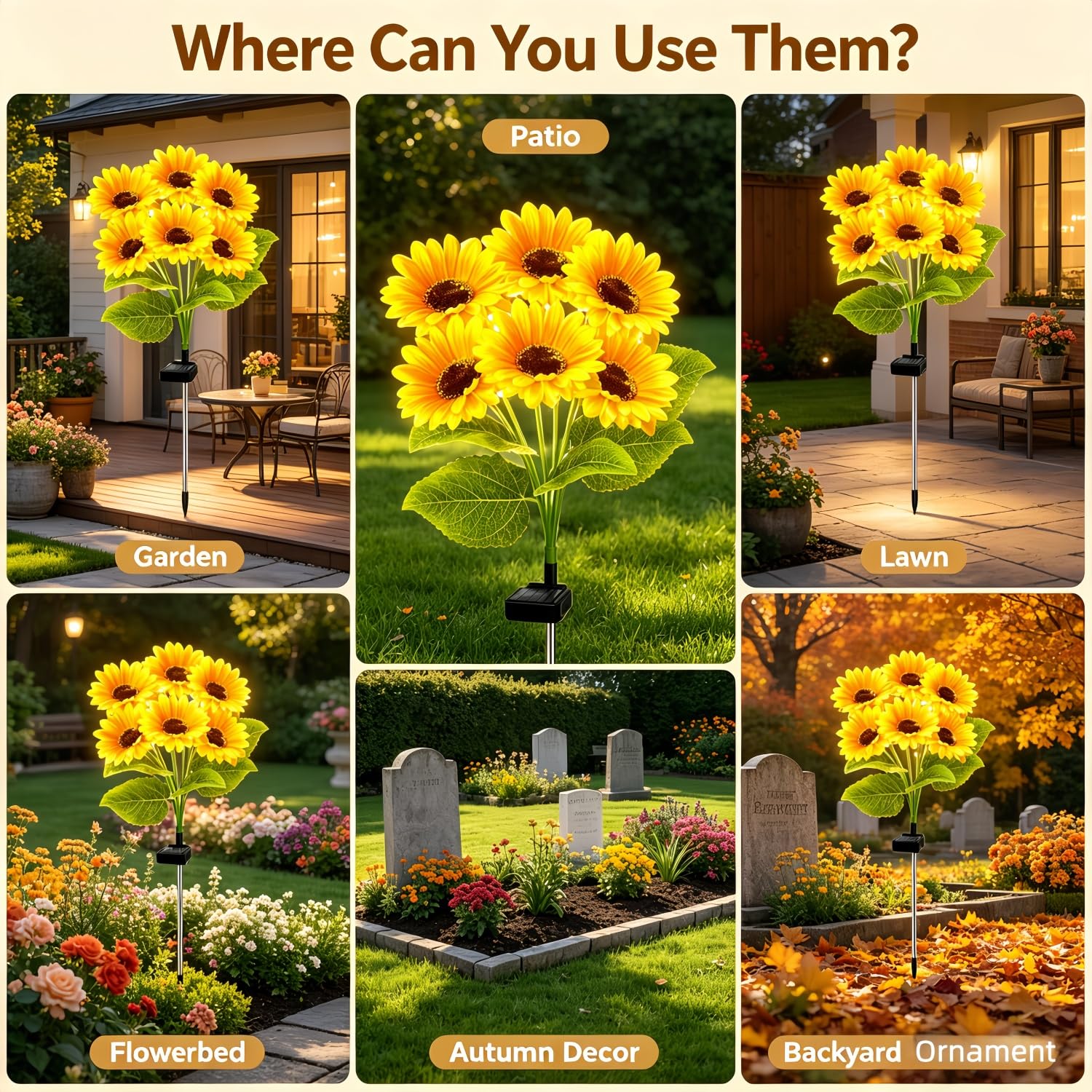 Luces solares para decoración de jardín al aire libre, paquete de 2 con 12 luces de girasol, luces solares de flores impermeables, regalos de cumpleaños para mamá, mujeres, abuela, estacas decorativas
