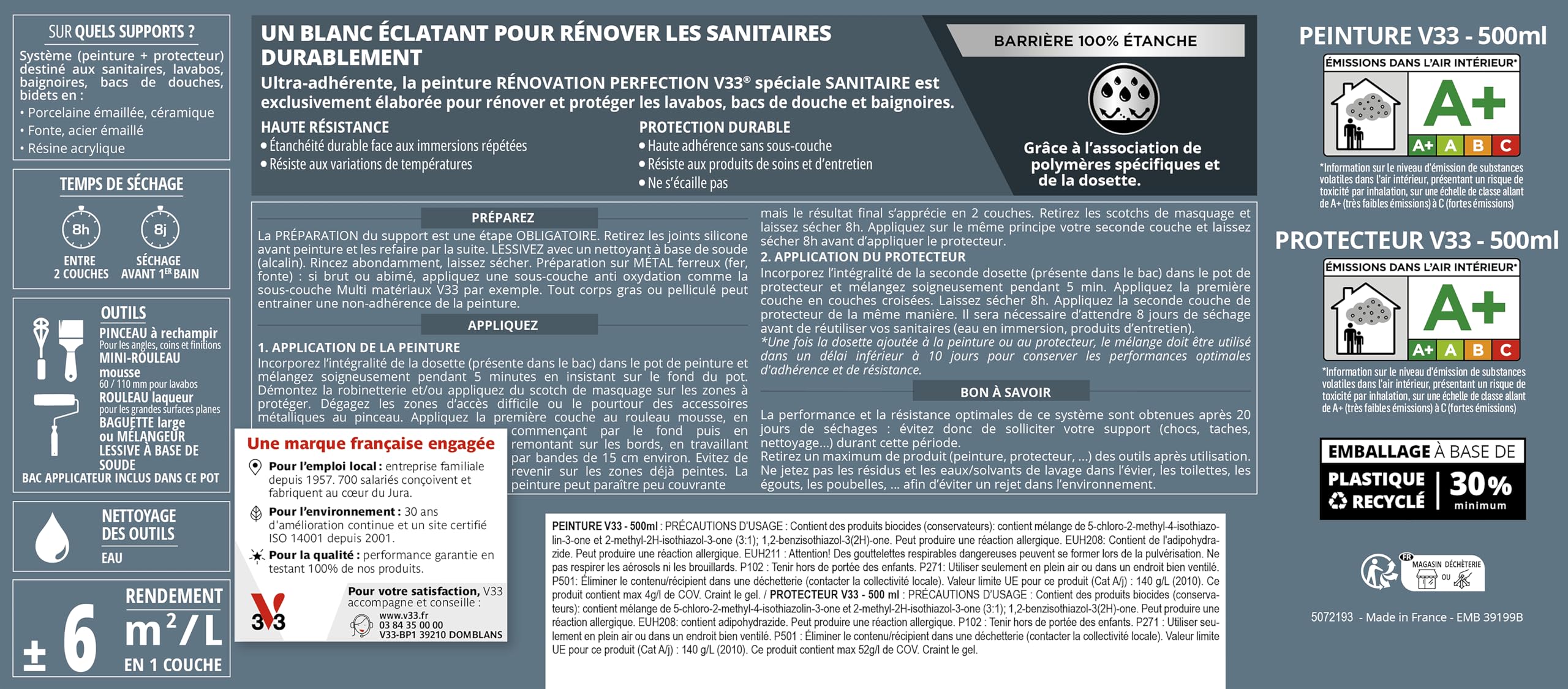 V33 Peinture Sanitaire - Rénovation Perfection® - Haute Adhérence - Lavabo - Baignoire - Bac de Douche - Blanc satin - 1L
