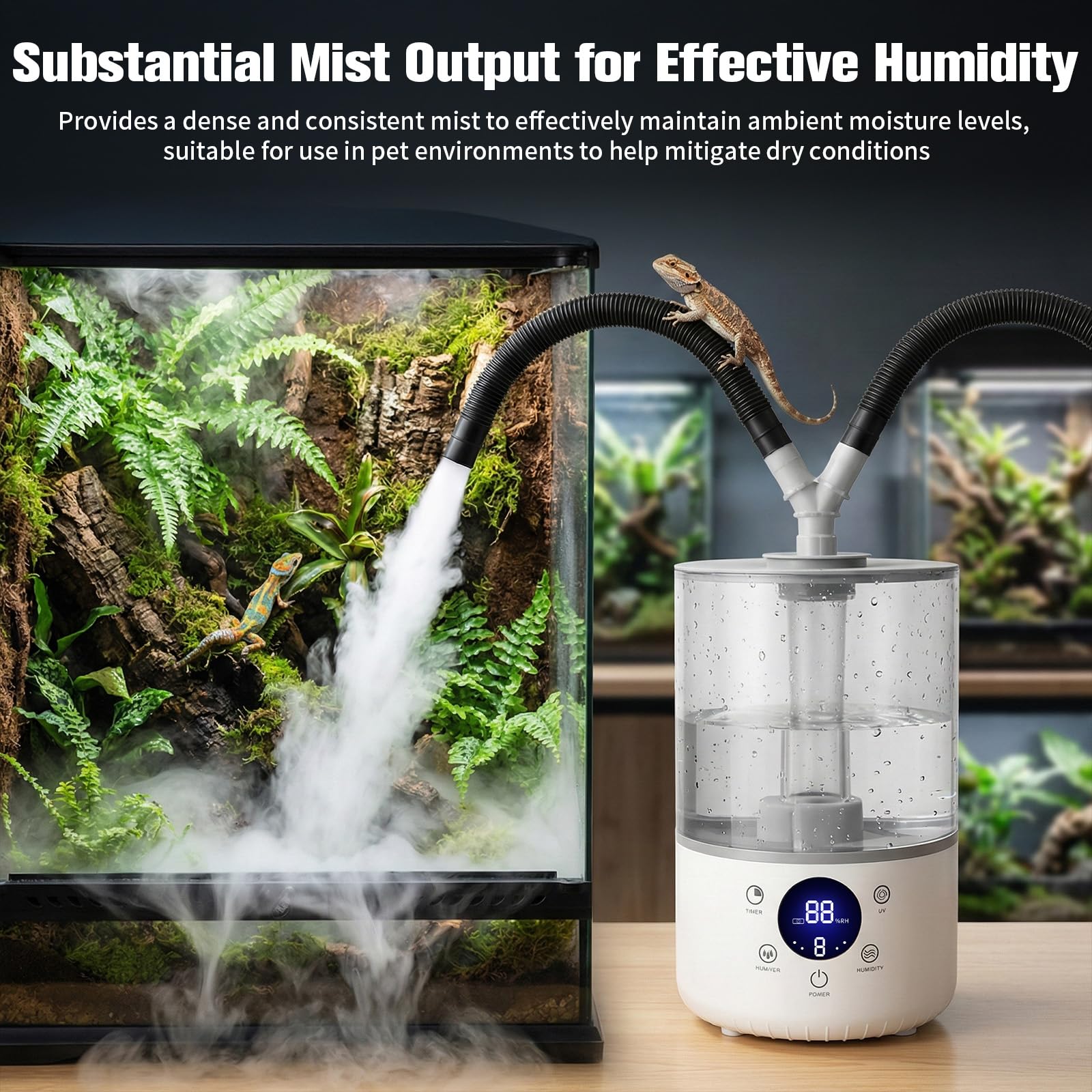 Humidificador de reptiles de terrario, humidificador de reptil de 4 litros con 280 ml/h de emisión de niebla, 2 mangueras ajustables y apagado automático, máquina de niebla para reptiles, plantas