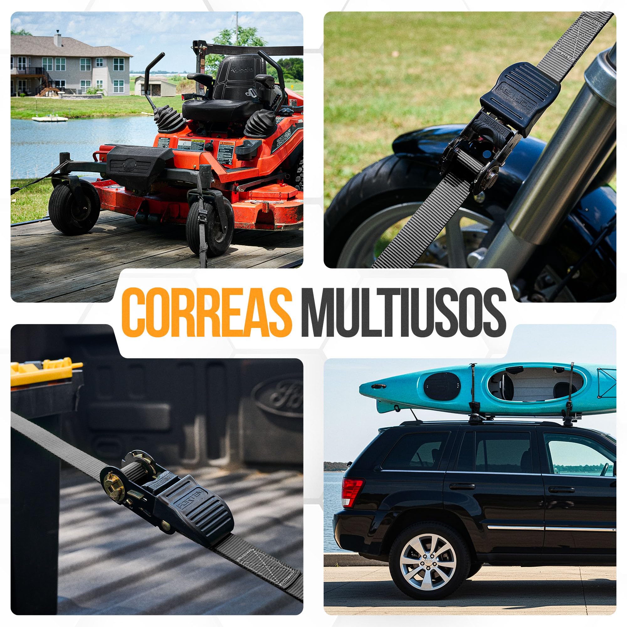 FORTEM Set de Correas de Amarre con Tensor de Trinquete, Resistencia 249 kg de Carga, 748 kg al Rompimiento, 4 Ganchos de Acero Plastificado, 4 Correas de 4.5m, 4 Hebillas (Negro)