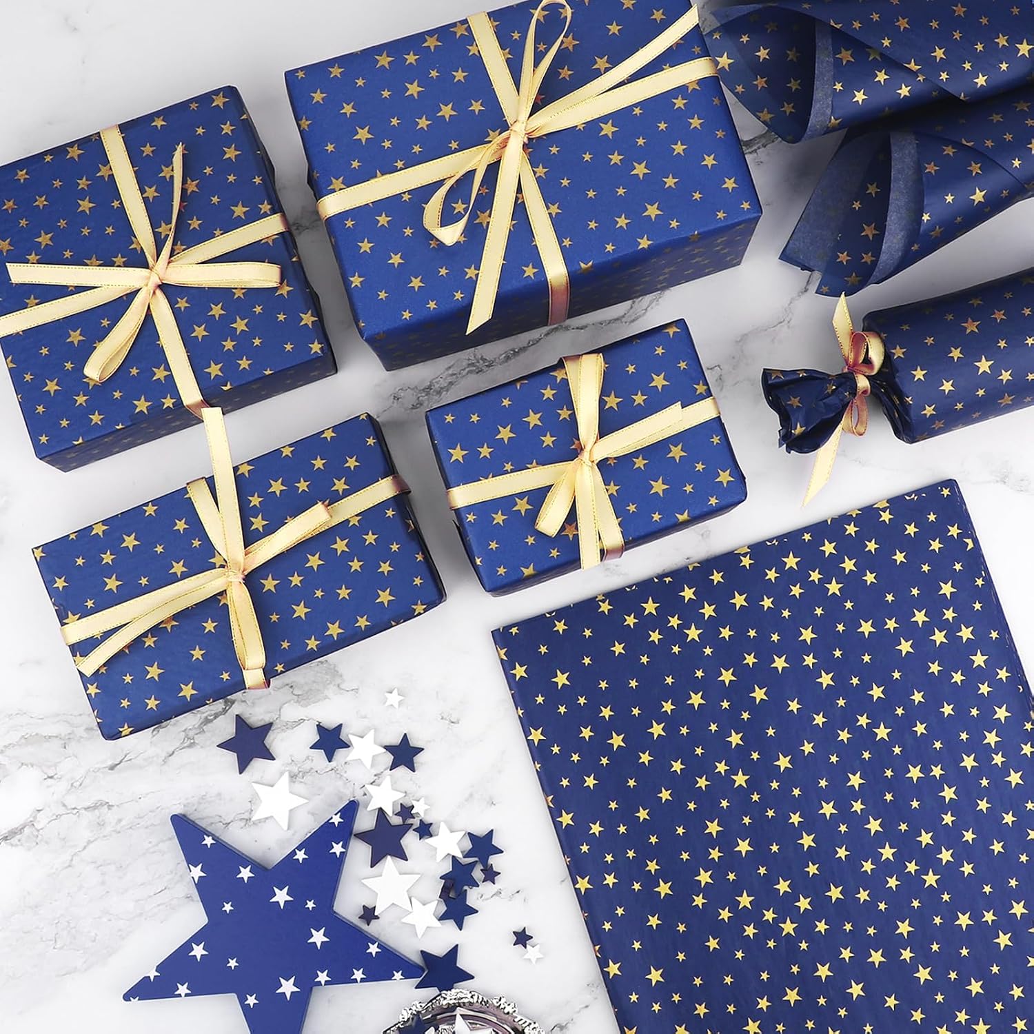 100 Sheets Navy Blue with Gold Star Tissue Paper Bulk, 20x14in Blue Gold Star Wrapping Tissue for Gift Bags 4th of July Independence Day Memorial Day DIY Crafts
