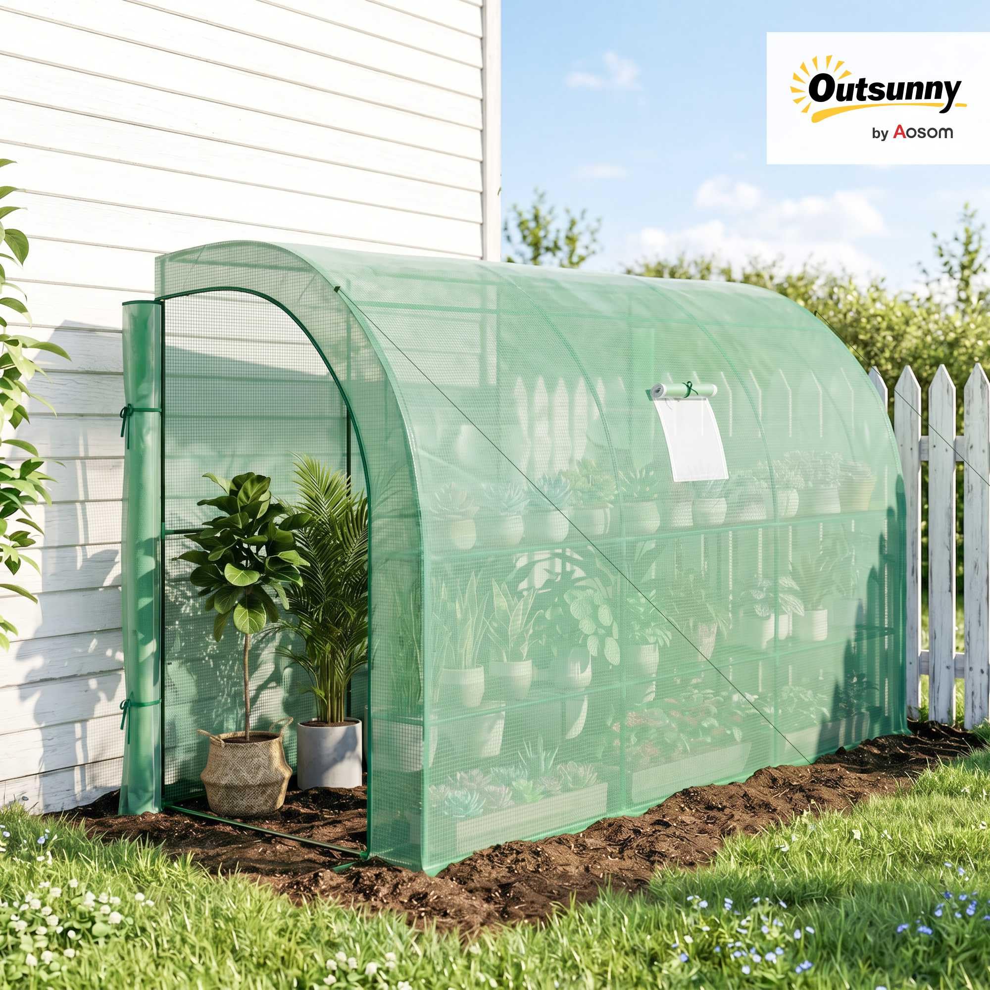 Outsunny Invernadero adosado con Ventanas y Puertas, Verde | Invernadero exterior, 3 estantes de alambre, 300x150x213 cm