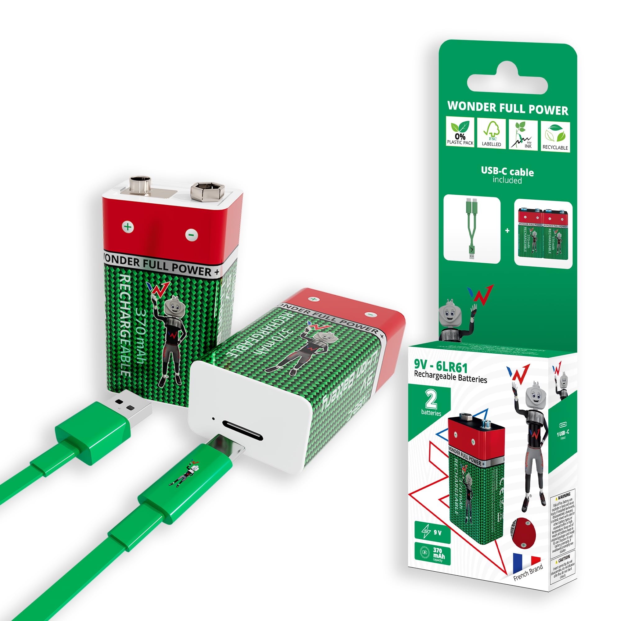 Wonder Full Energy – Piles Rechargeables 9V / 6LR61 – Pack de 2 – 370mAh, 3600mWh – Câble USB-C Inclus – Lithium-ION – Jusqu’à 1000 Cycles – Idéales pour Détecteurs de Fumée, Multimètres, Jouets