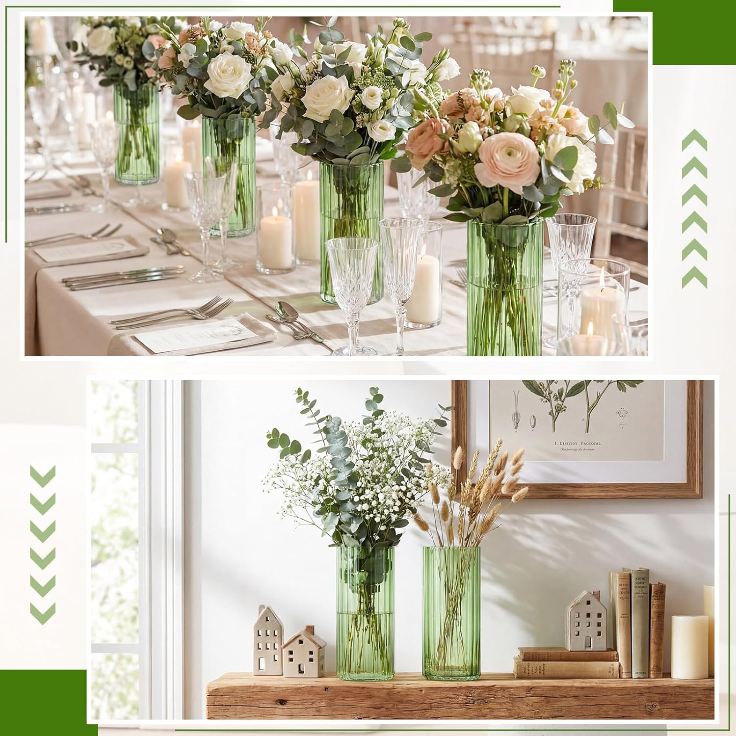 6 Pcs 8 Inch Tall Glass Ribbed Cylinder Vases Clear Floating Candle Flower Vase in Bulk, Hurricane Candle Holder for Wedding Housewarming Gift Table Centerpieces(Green)