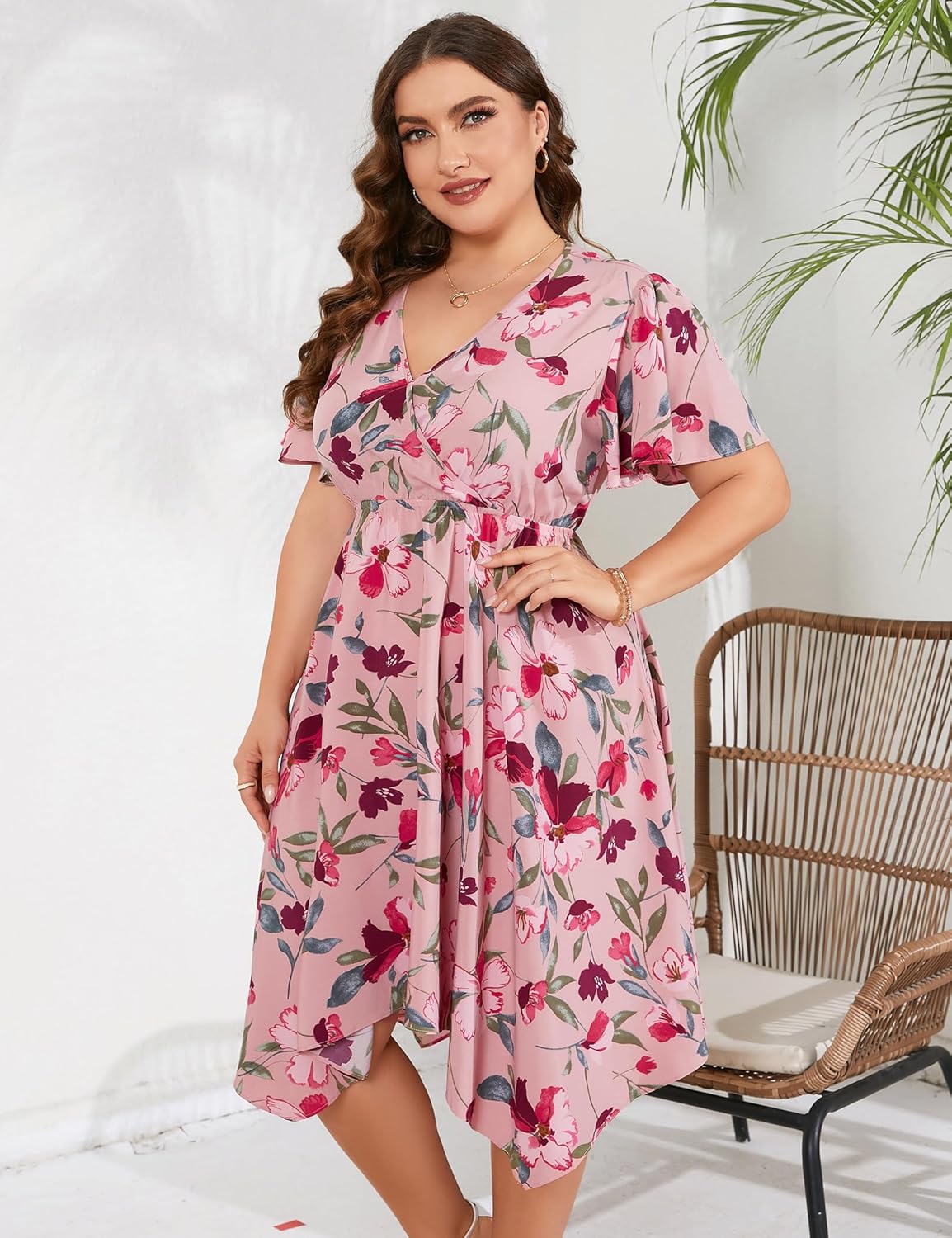 ShopWonder Women Plus Size Wrap V Neck Midi Dress Short Sleeves High Waist Irregular Hem Summer Casual Dress - Image 4